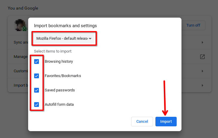 Select a web browser and items to import to Google Chrome in Settings.