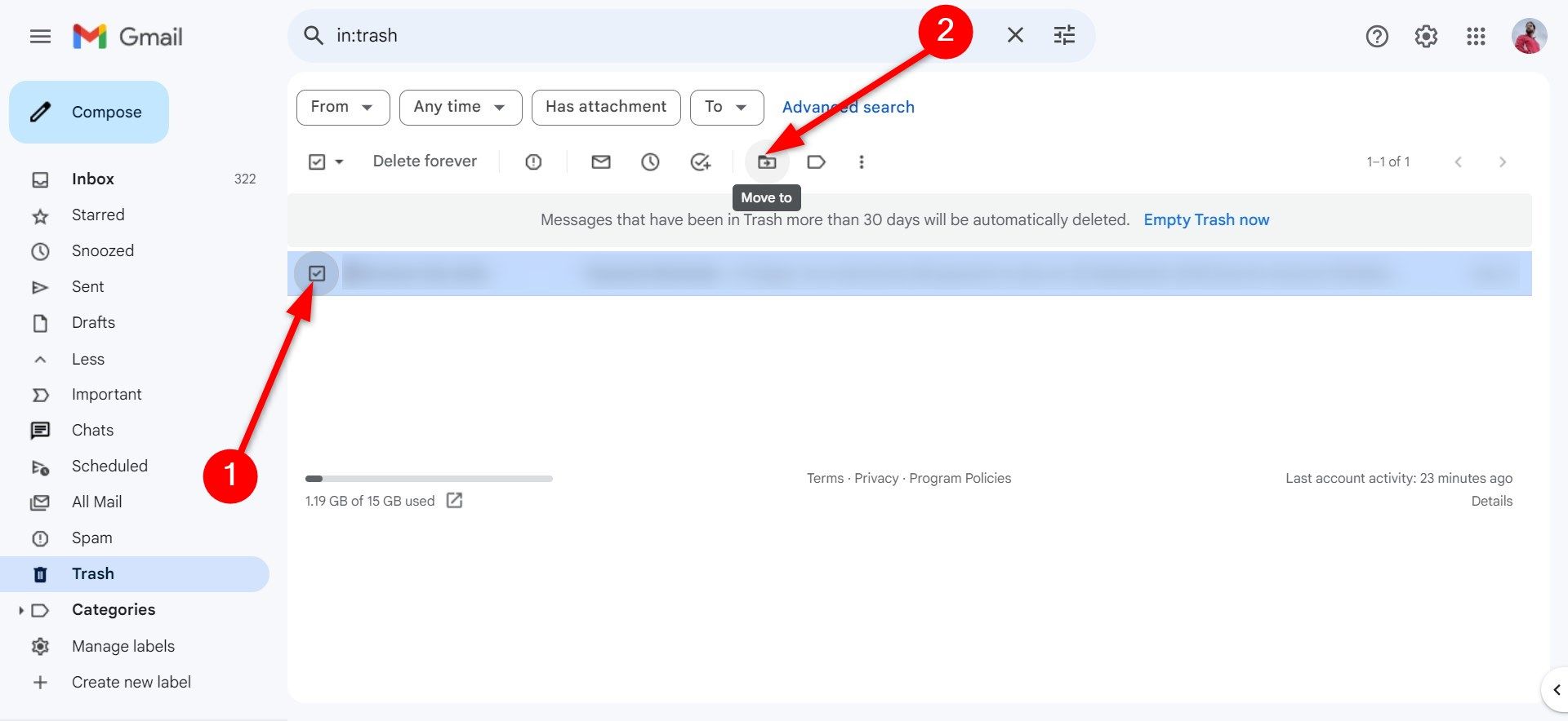 Switch messages from trash on Gmail web