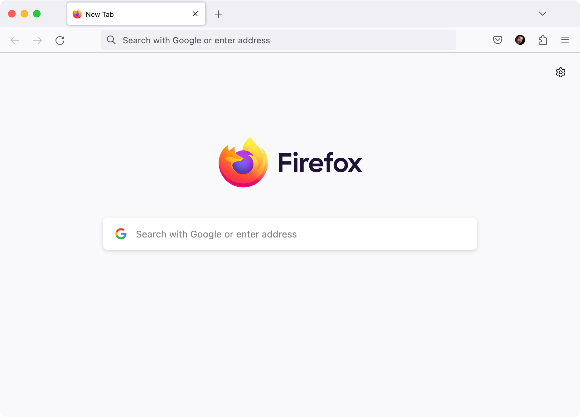 Mozilla Firefox's new tab page on desktop, with the Google search bar in view