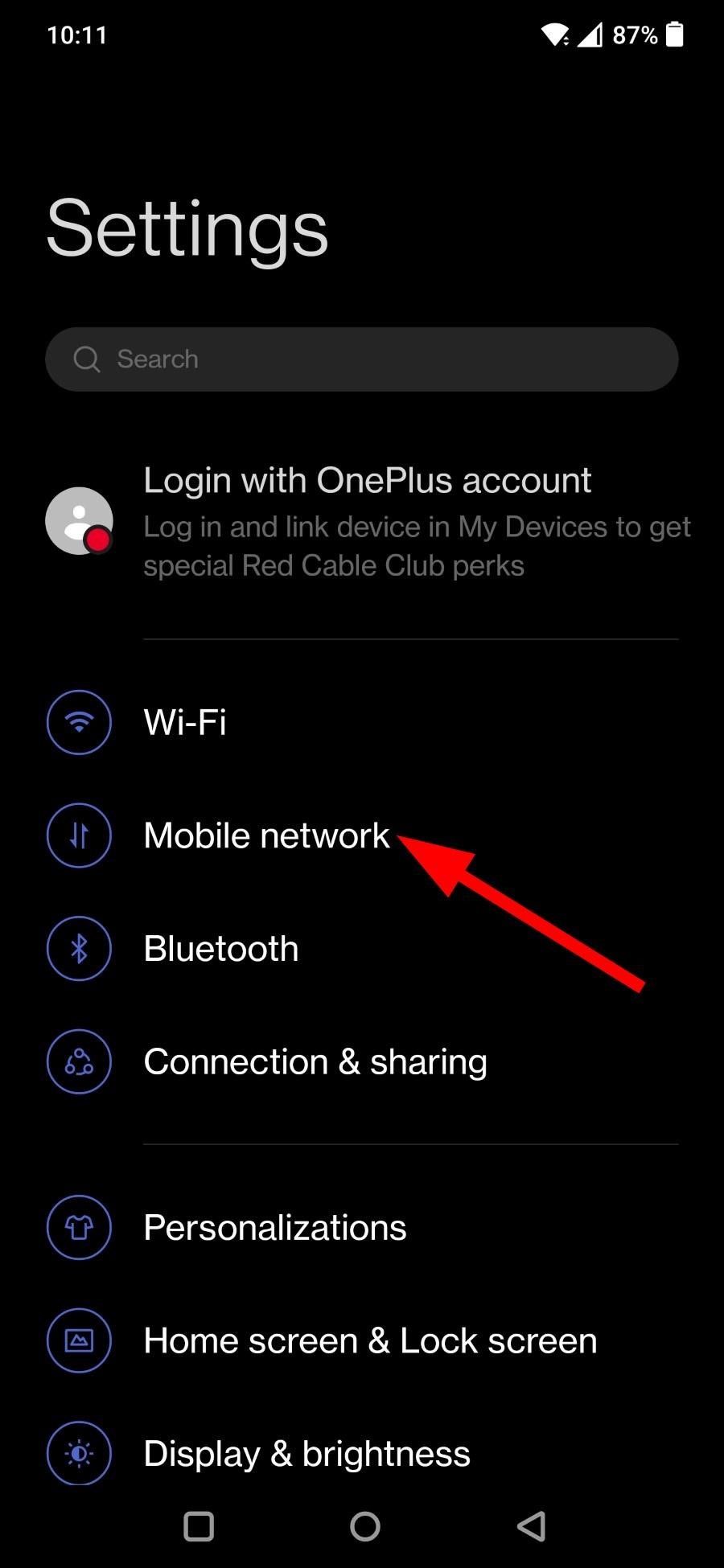 Mobile Network option inside the Settings menu in OnePlus 7 Pro