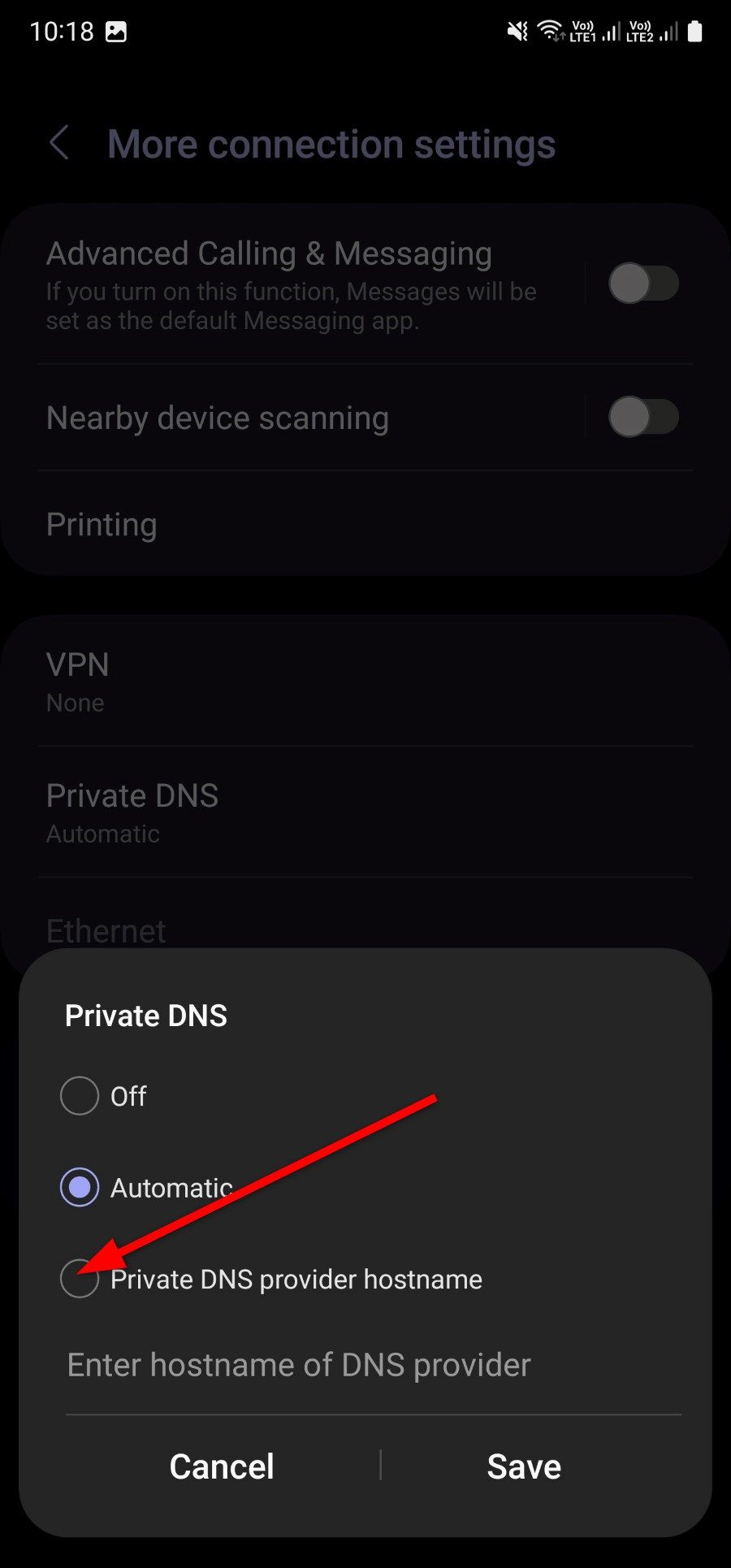 Option to enter private DNS provider hostname in Galaxy S22 Ultra