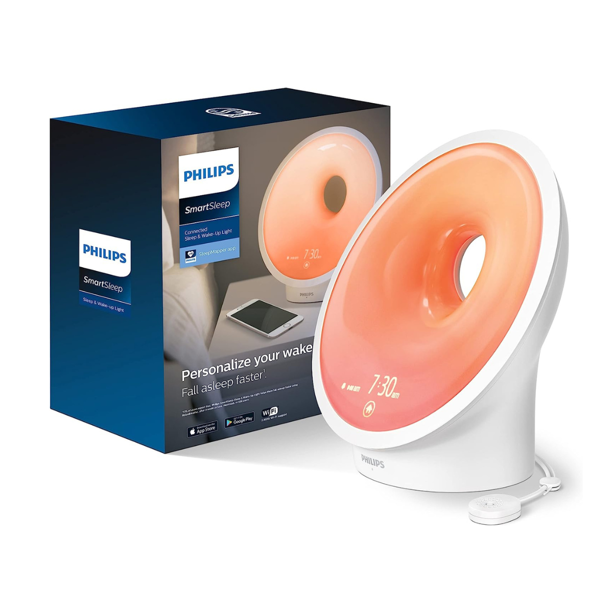 The Philips SmartSleep Connected Sleep and Wake-Up Light with box on white background