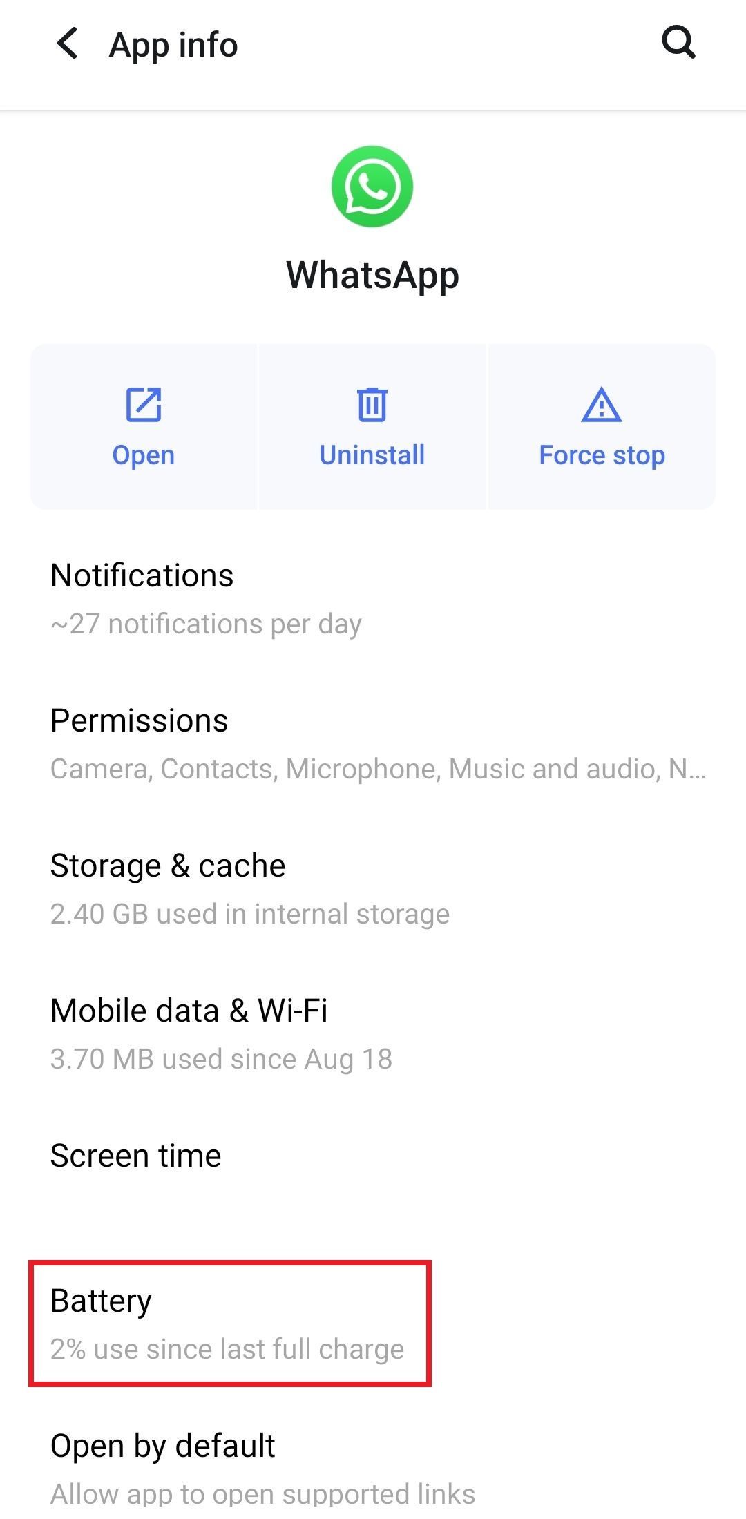 Screenshot highlighting the 'Battery' option under App info