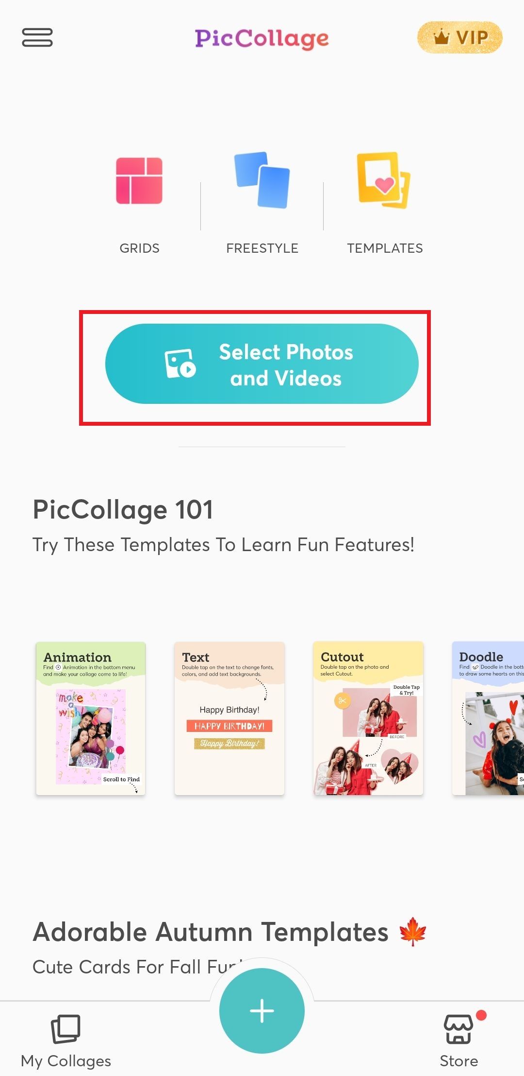 Screenshot highlighting 'Select Photos' option in PicCollage