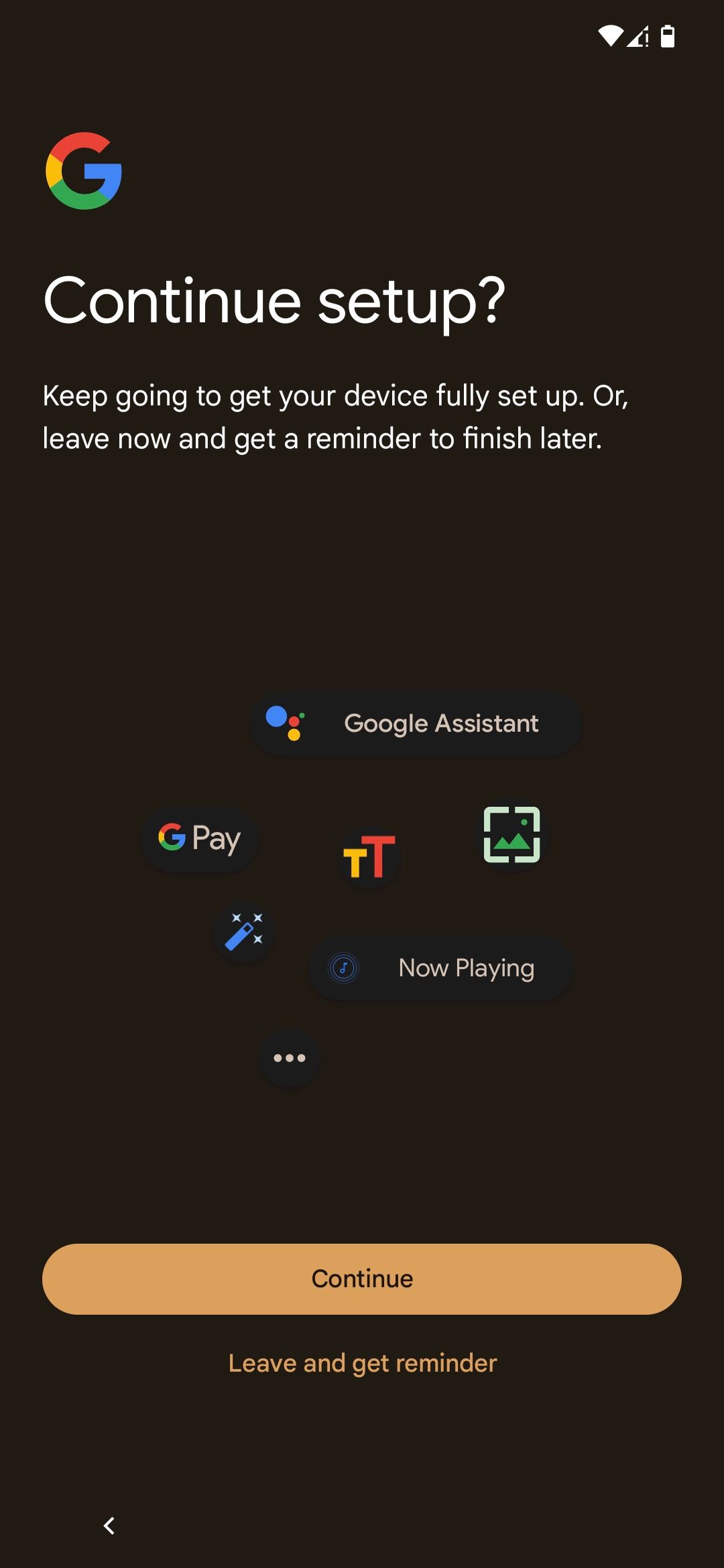 Google Pixel - Continue with setup screen
