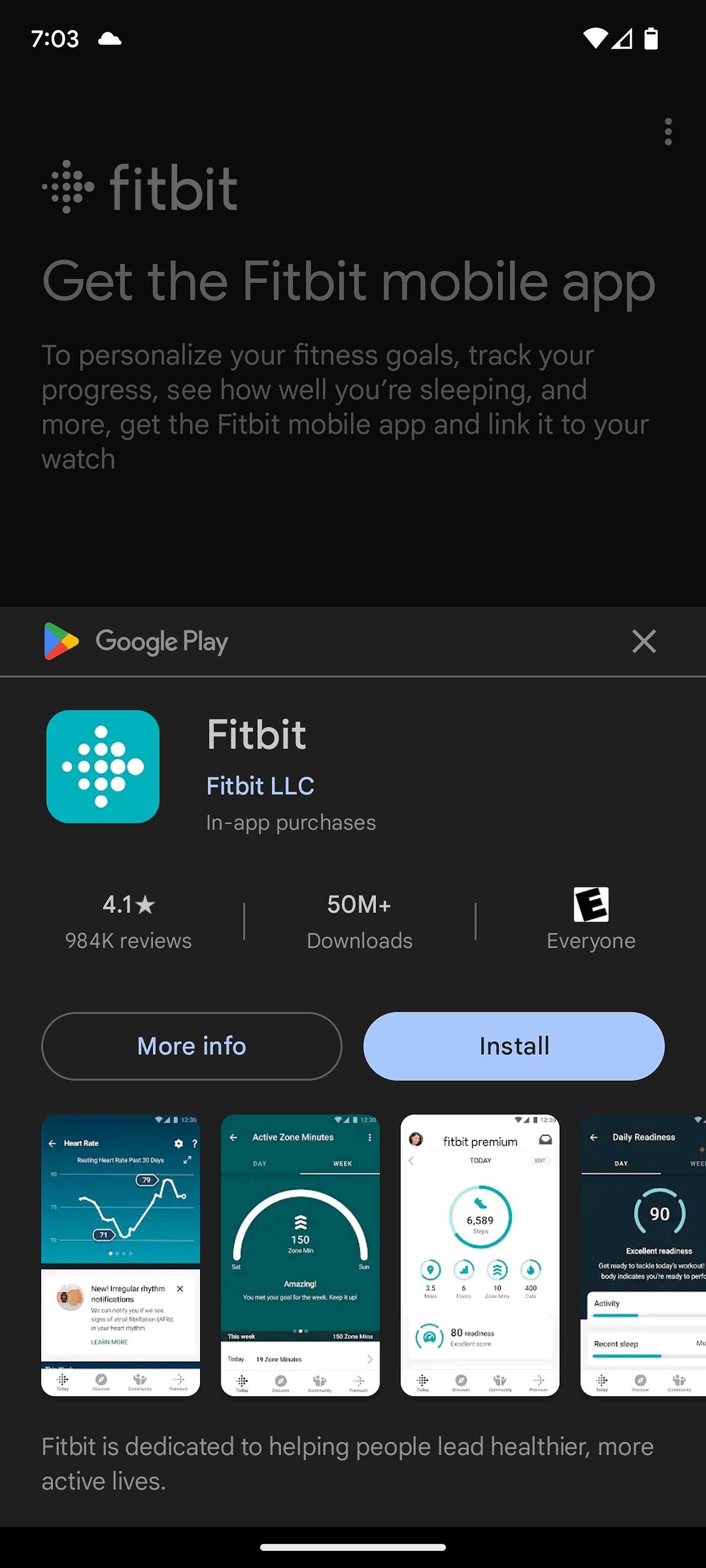 A Play Store prompt to install the Fitbit app on a Pixel 7a.