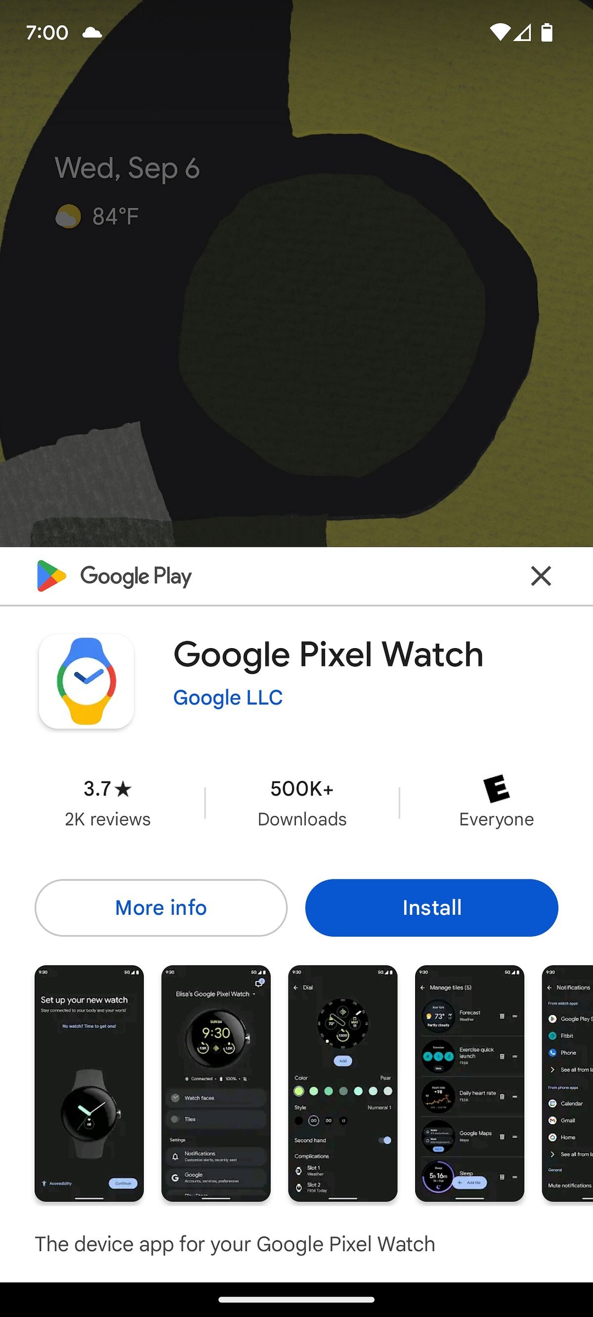 Installing the Pixel Watch app on a Pixel 7a.