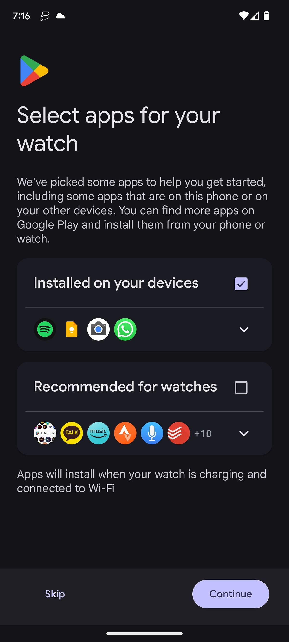 Selecting which apps to install for a Pixel Watch.