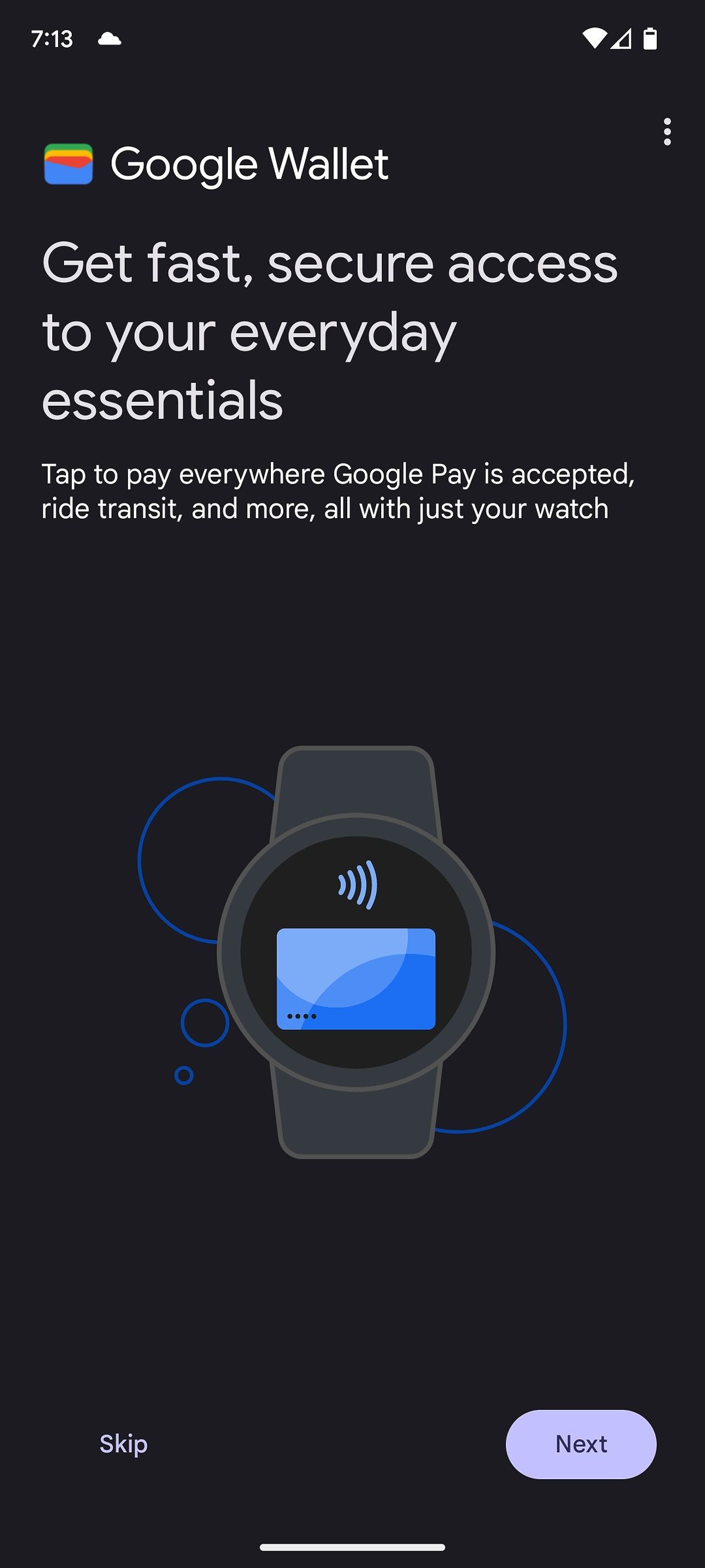 The Google Wallet splash screen during the Pixel Watch setup experience.