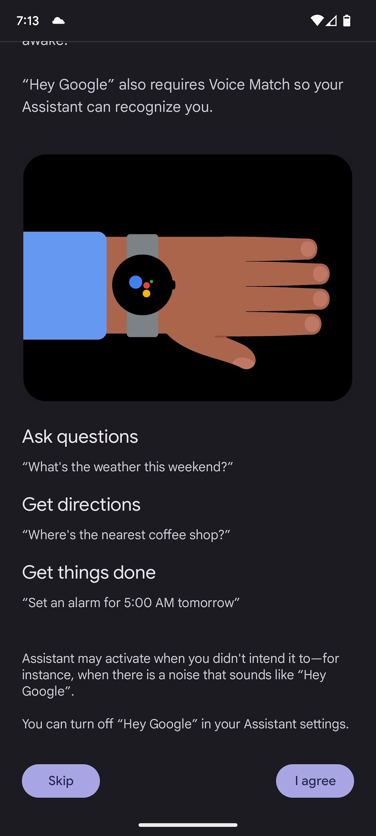 Setting up Assistant on a Pixel Watch, with an animated arm graphic shown.