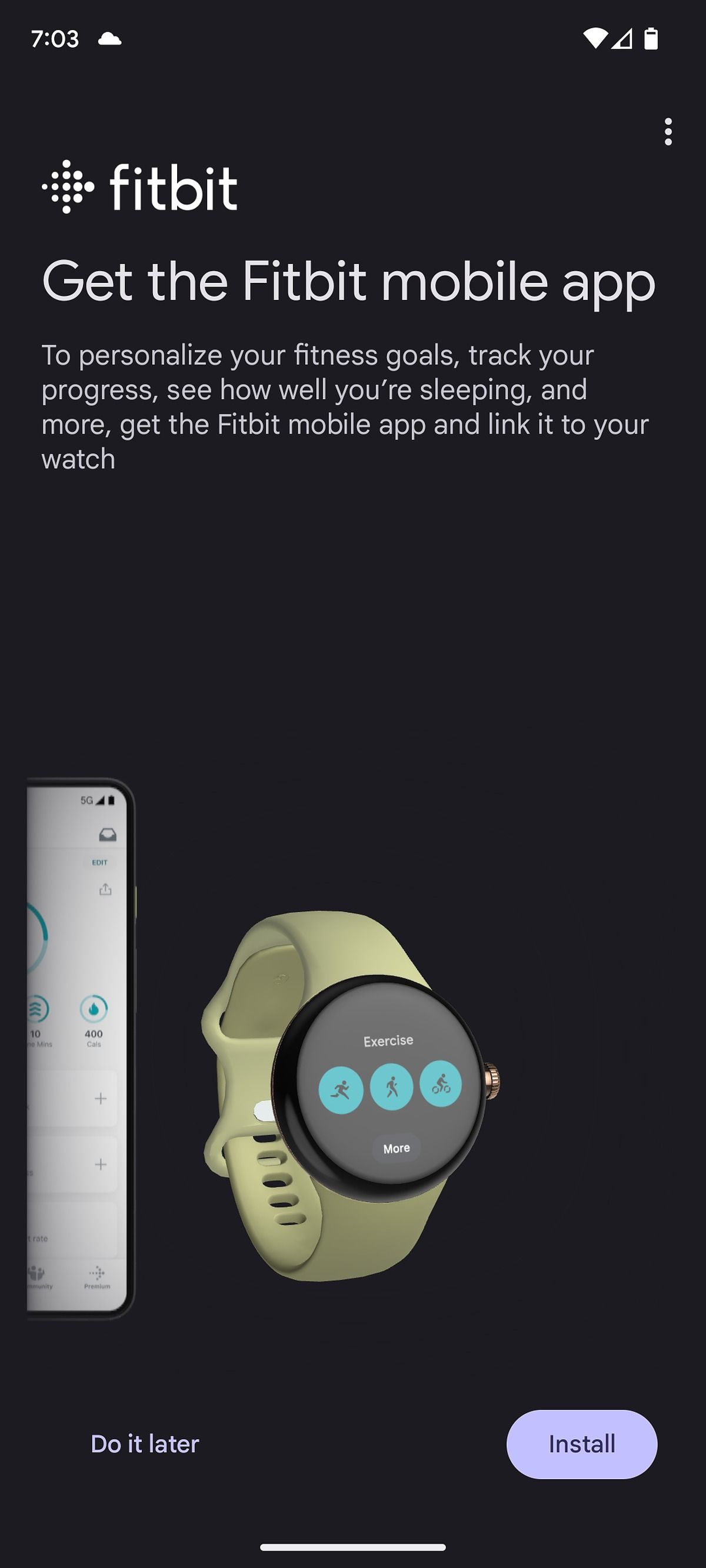 A prompt to get the Fitbit app while setting up the Pixel Watch.