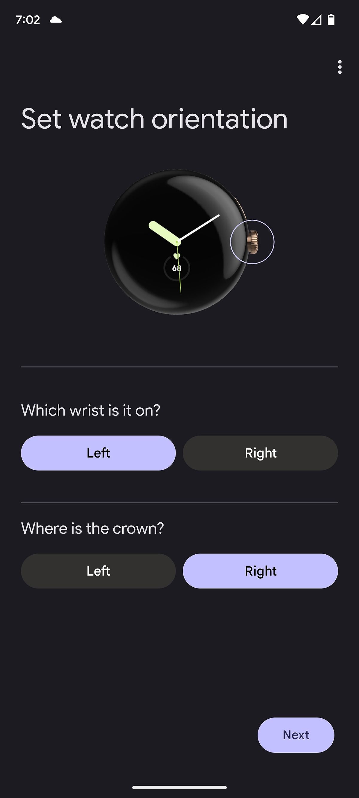 Selecting your arm and crown direction options on a Pixel Watch, with Left and Right set respectively.