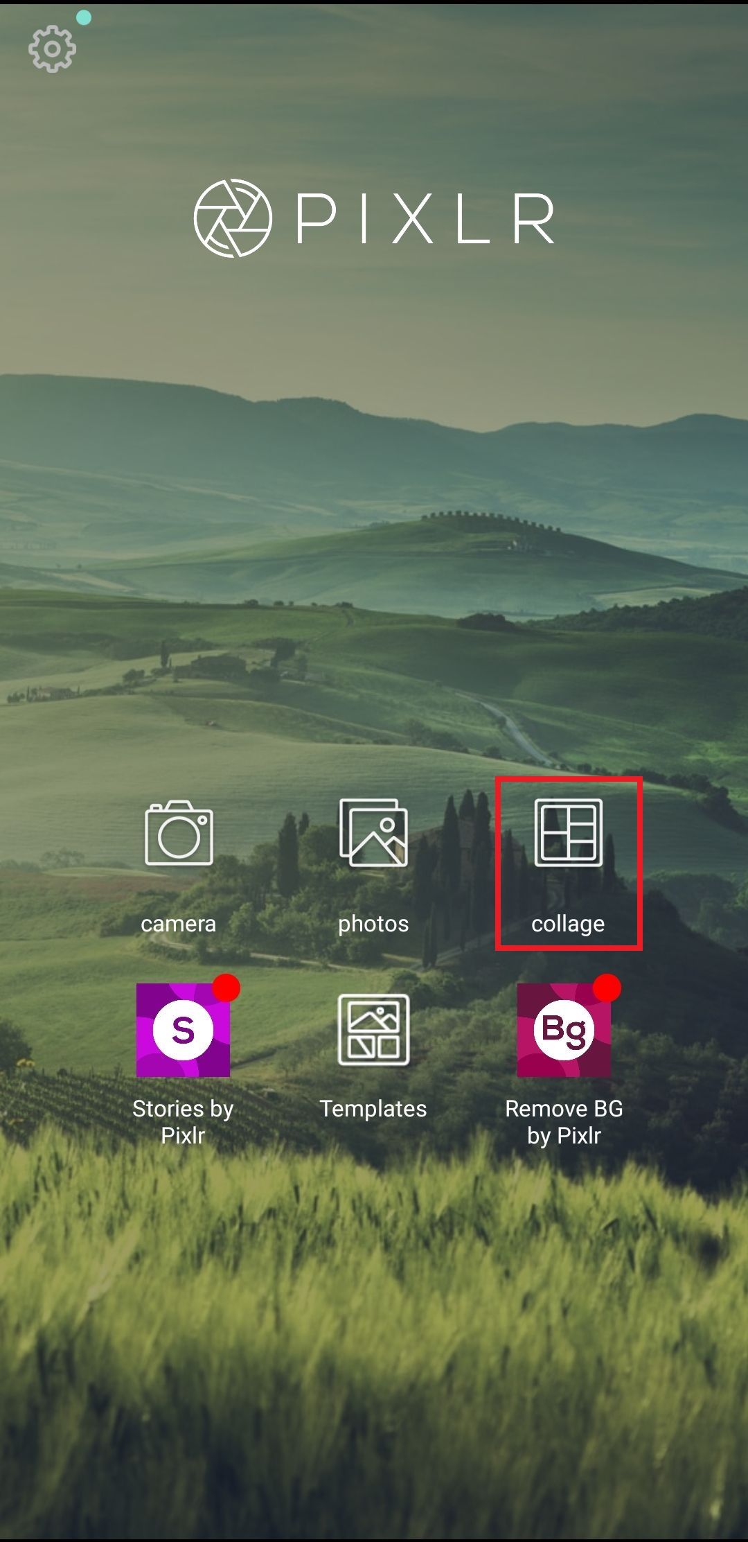 Screenshot highlighting the Collage option in Pixlr