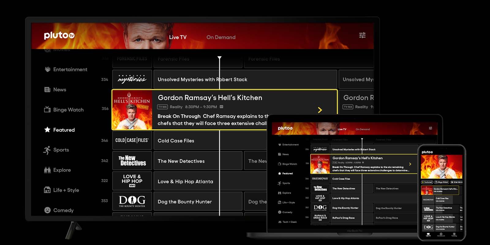 A render of Pluto TV's channel guides on a television and computer computer.