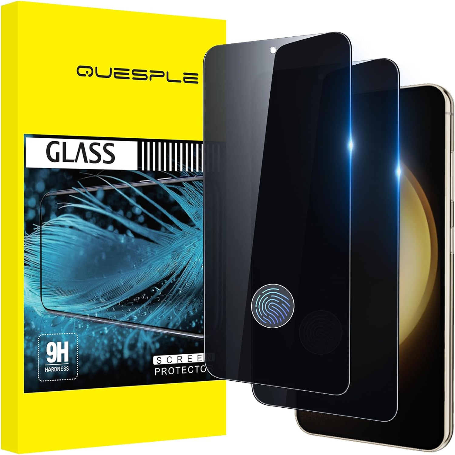 Quesple Galaxy S23 Privacy Screen Protector white background yellow box