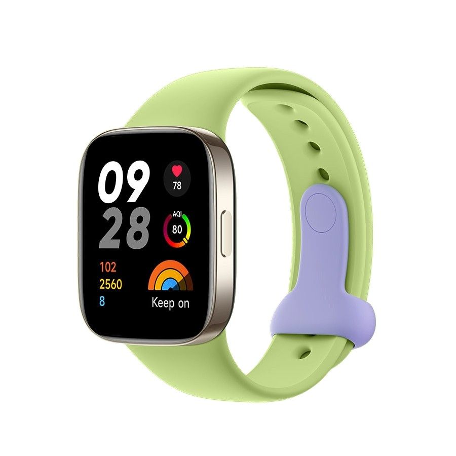 Redmi Watch 3 with lime green straps and a purple buckle