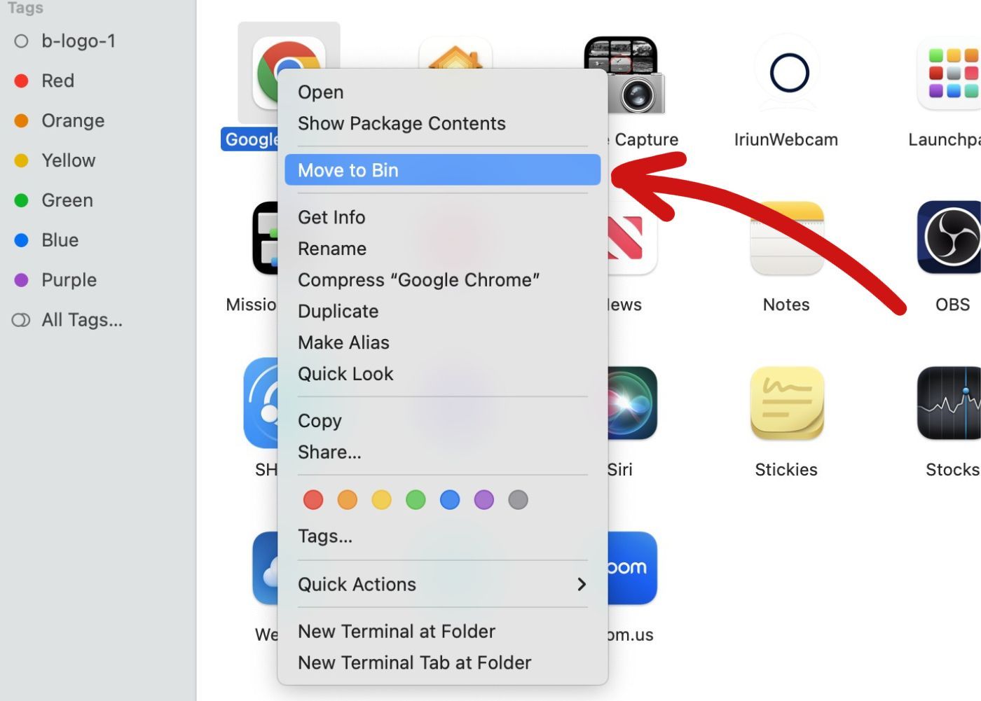 Screenshot of the right click menu with the move to bin option highlighted