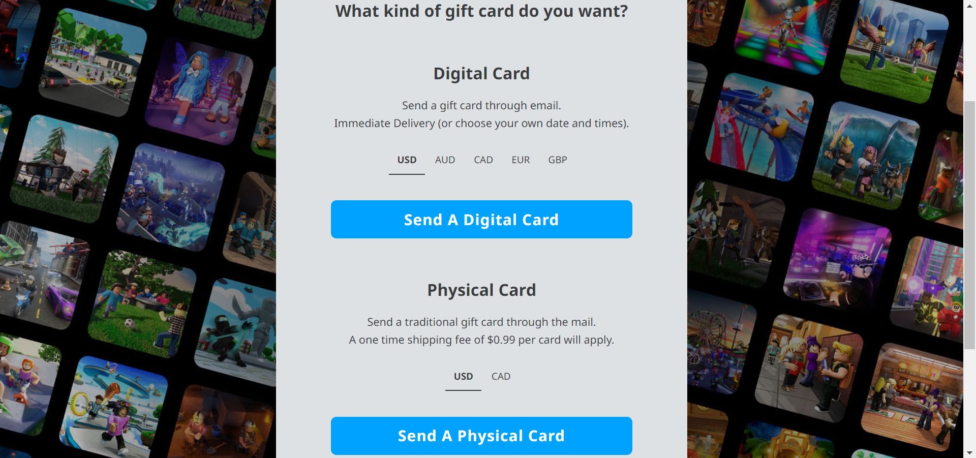 Roblox digital and physical card purchase buttons on Google Chrome
