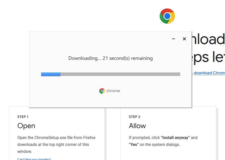 The Google Chrome download status showing the time remaining
