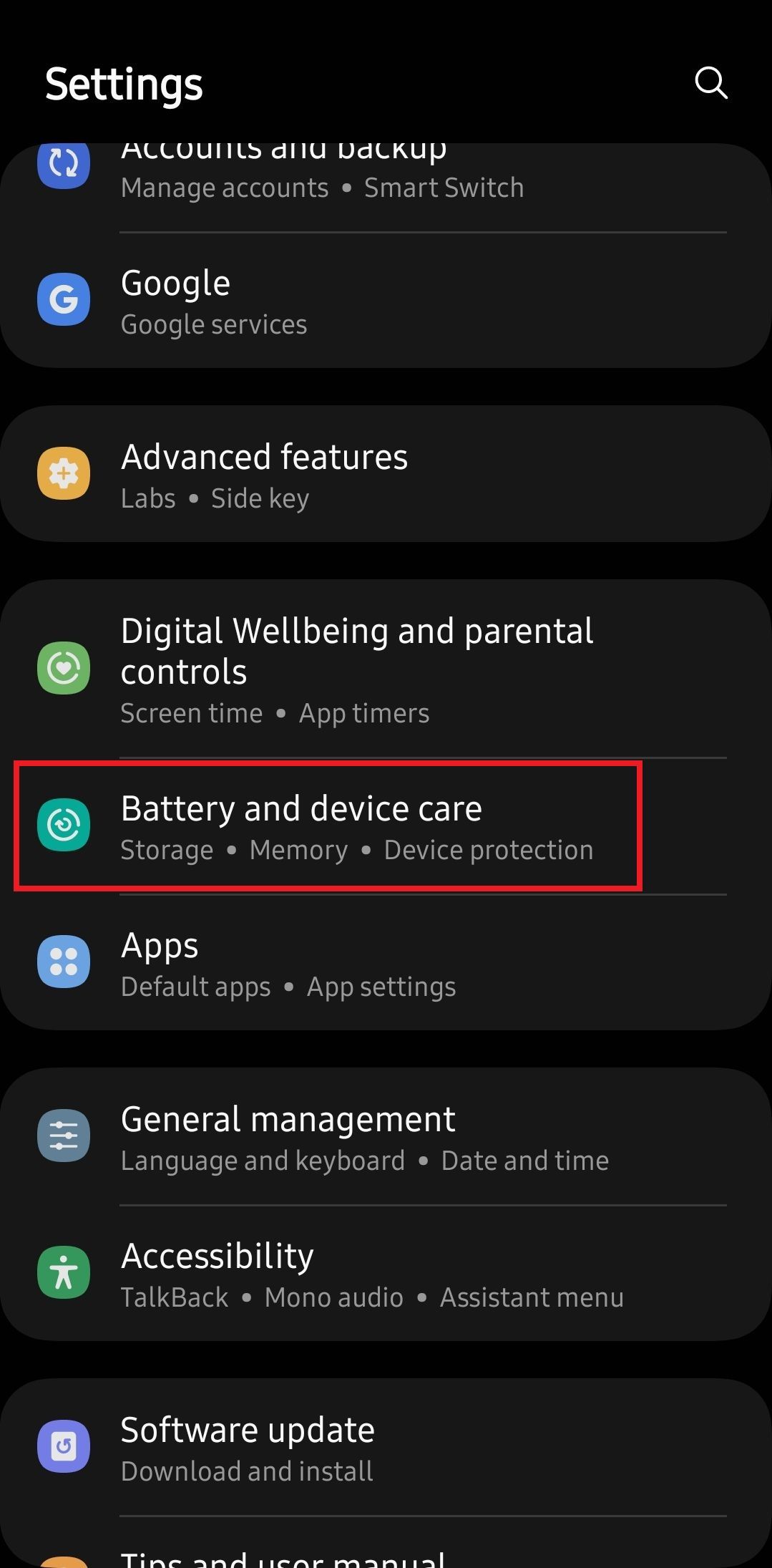 Screenshot highlighting Battery and device care on a Samsung phone