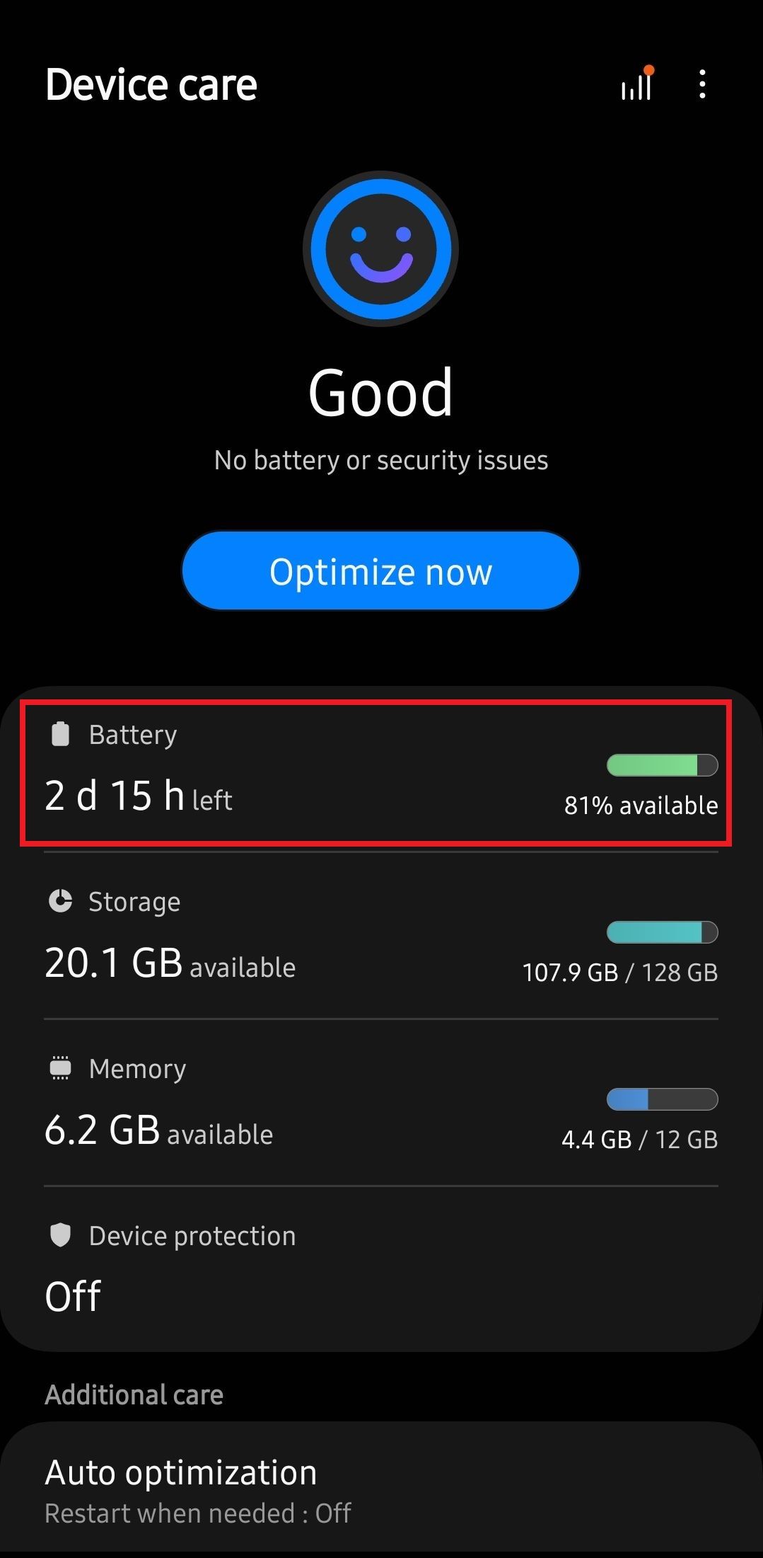 Screenshot highlighting the 'Battery' option