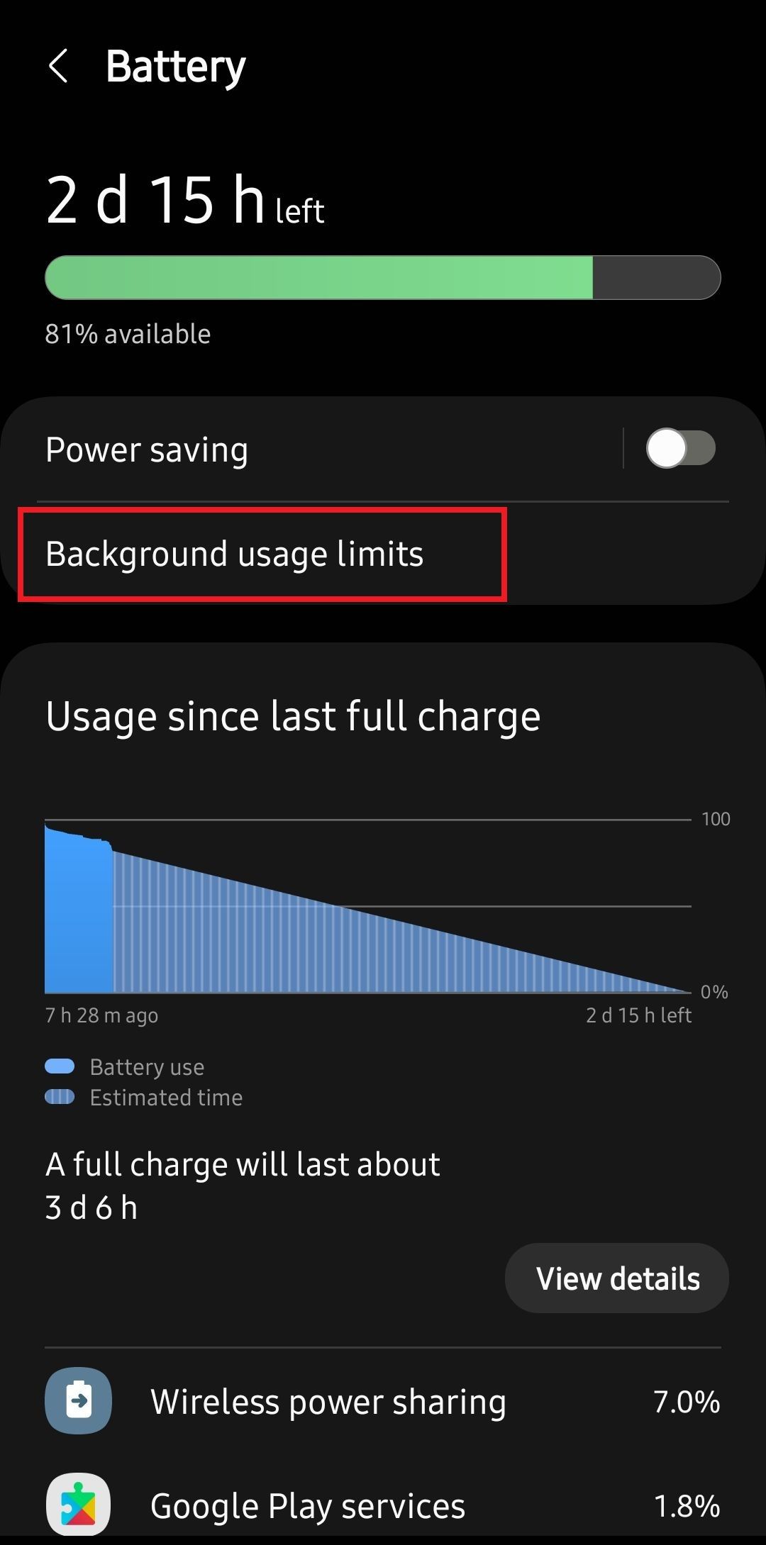 Screenshot highlighting Background usage limits