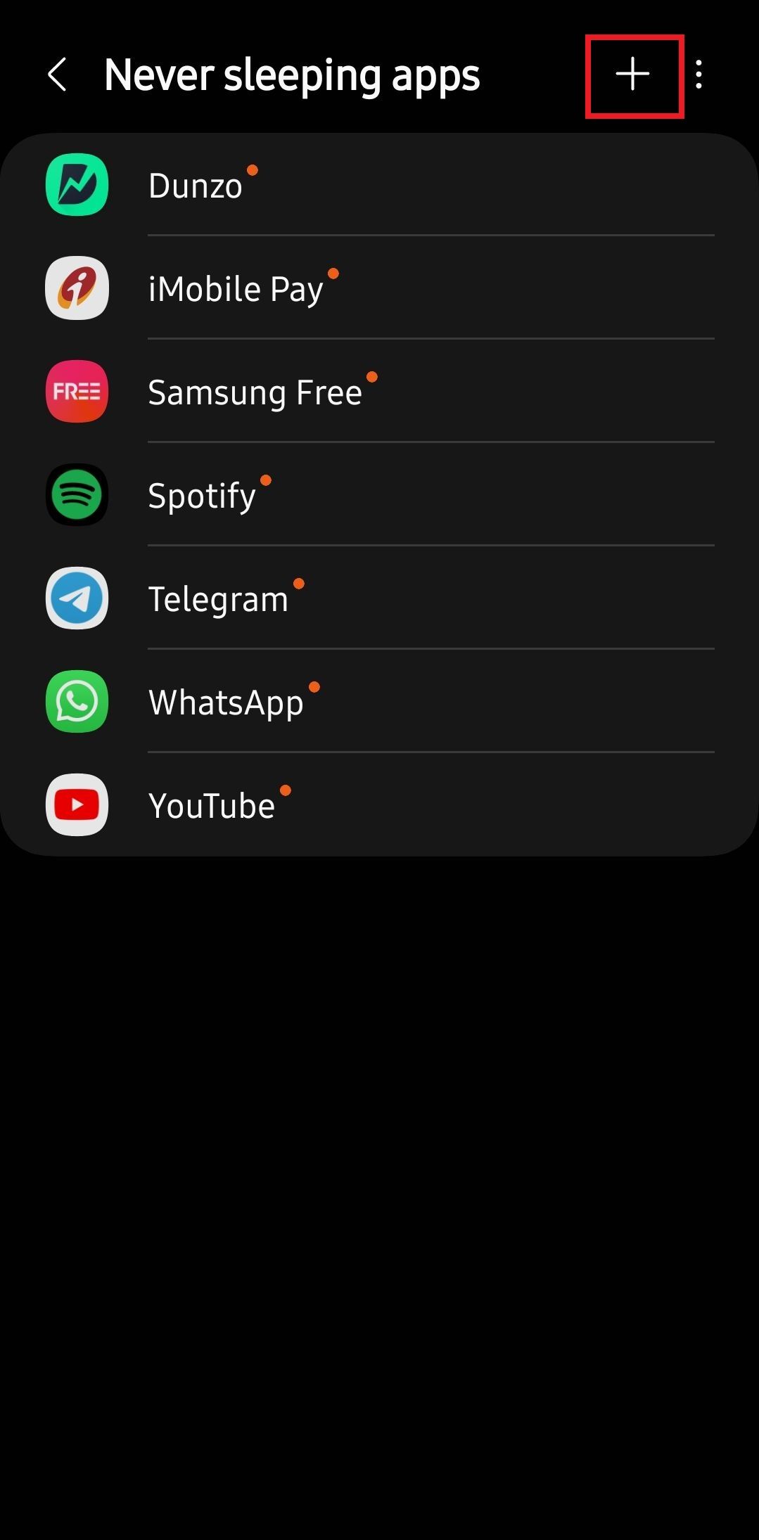 Screenshot showing the plus icon under Never sleeping apps