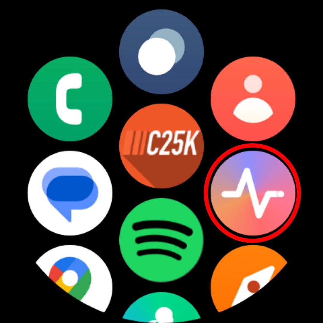 A smartwatch app drawer with the Samsung Health Monitor app highlighted.