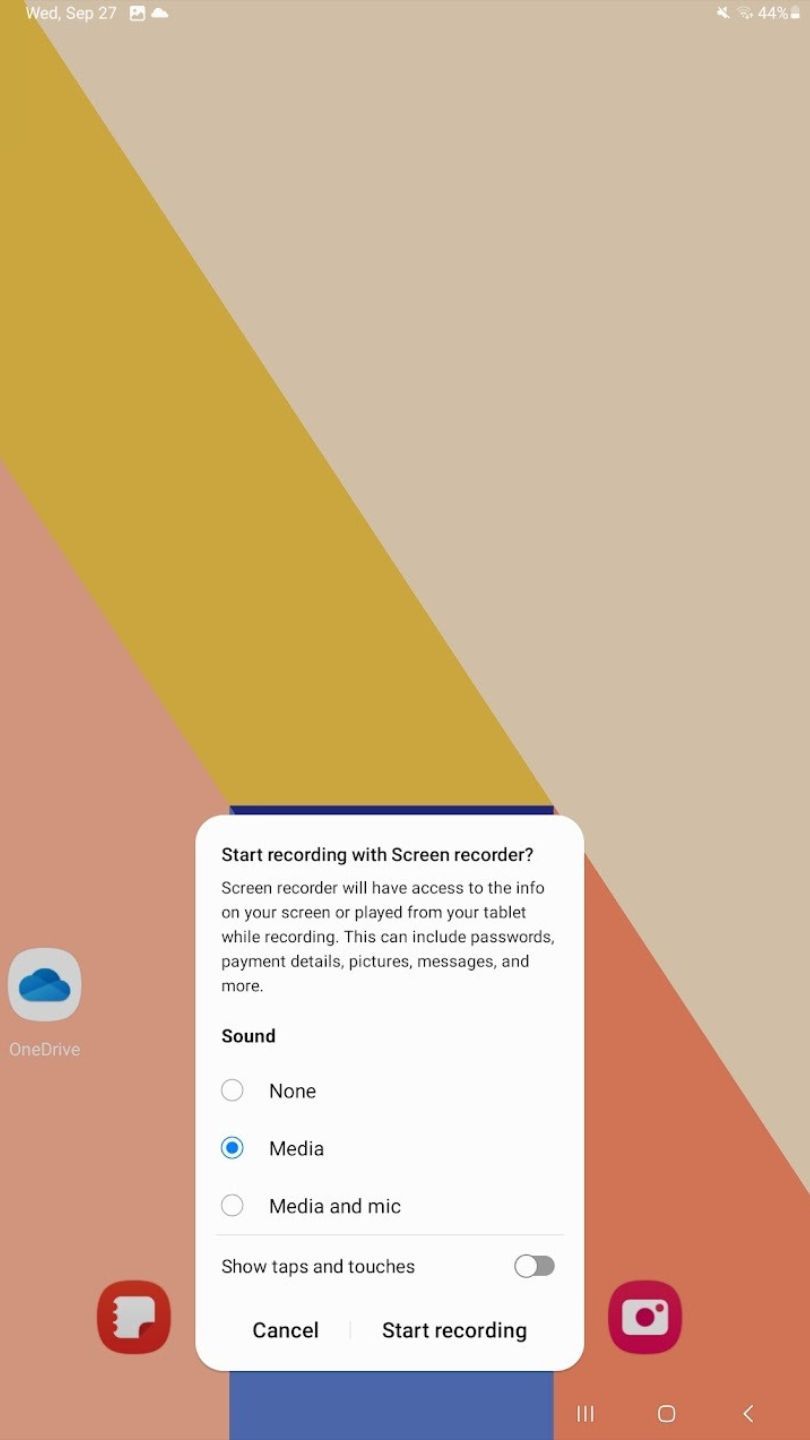screenshot of screen recording settings on samsung tablet