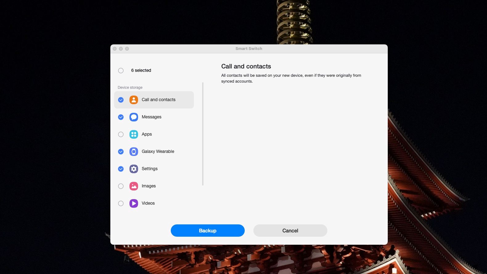 Samsung Smart Switch app on Mac with various backup options
