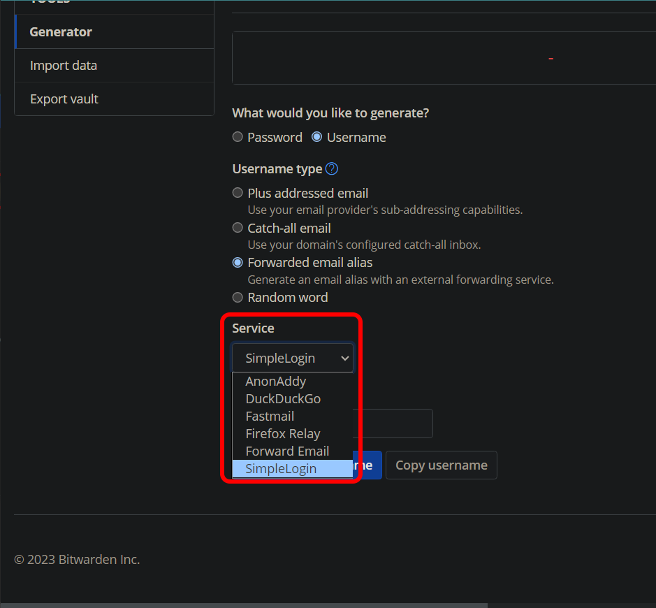 Sélection d'un service de messagerie dans Bitwarden 