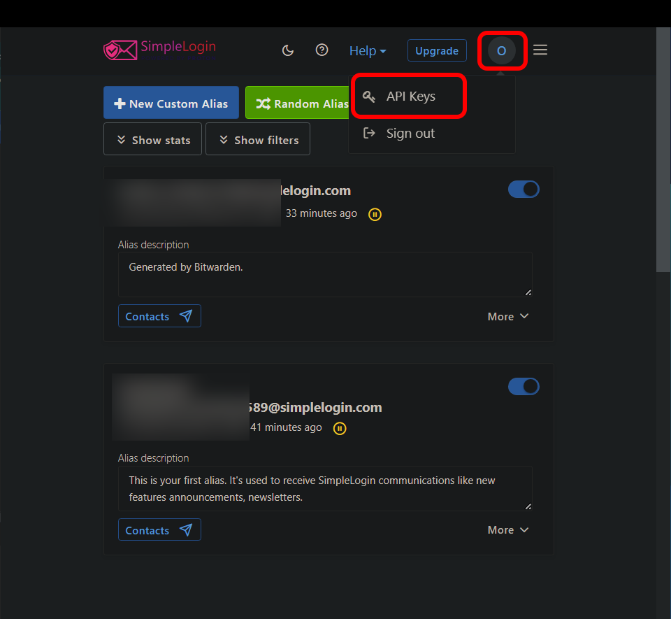 Obtenir la clé API de SimpleLogin