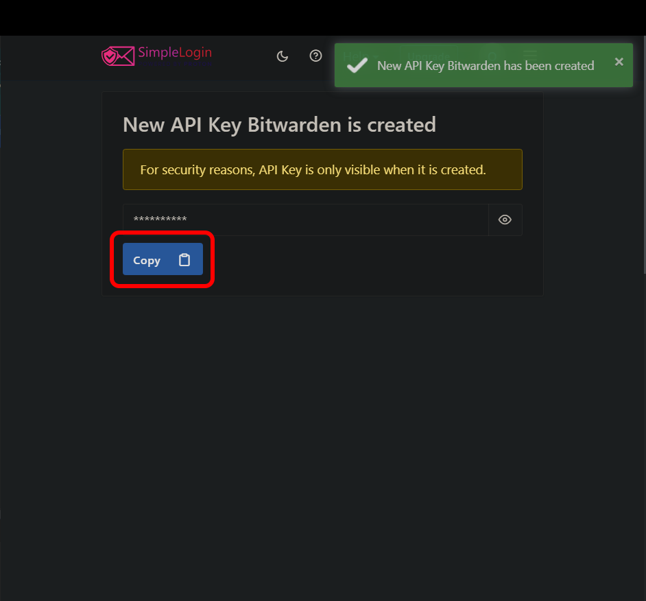 Obtenir la clé API de SimpleLogin