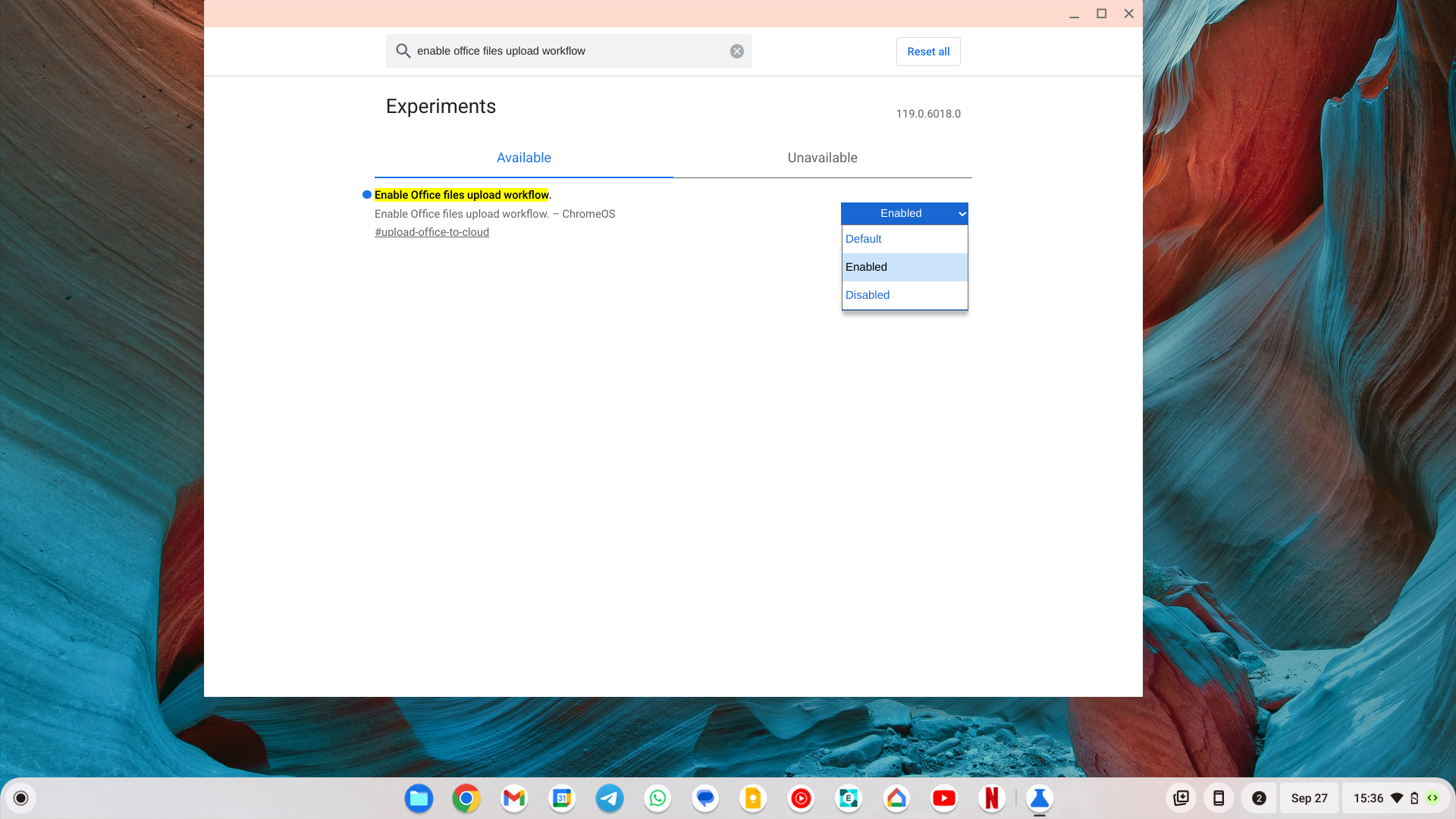 Screenshot of the ChromeOS desktop with the Experiments window open and the OneDrive syncing experiment enabled