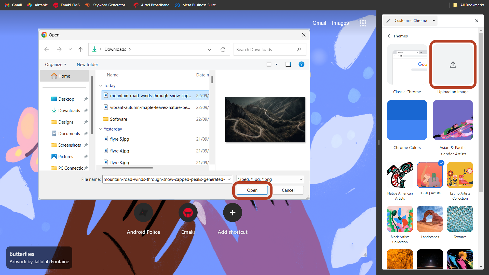 Screenshot shows how to upload a Google Chrome background image
