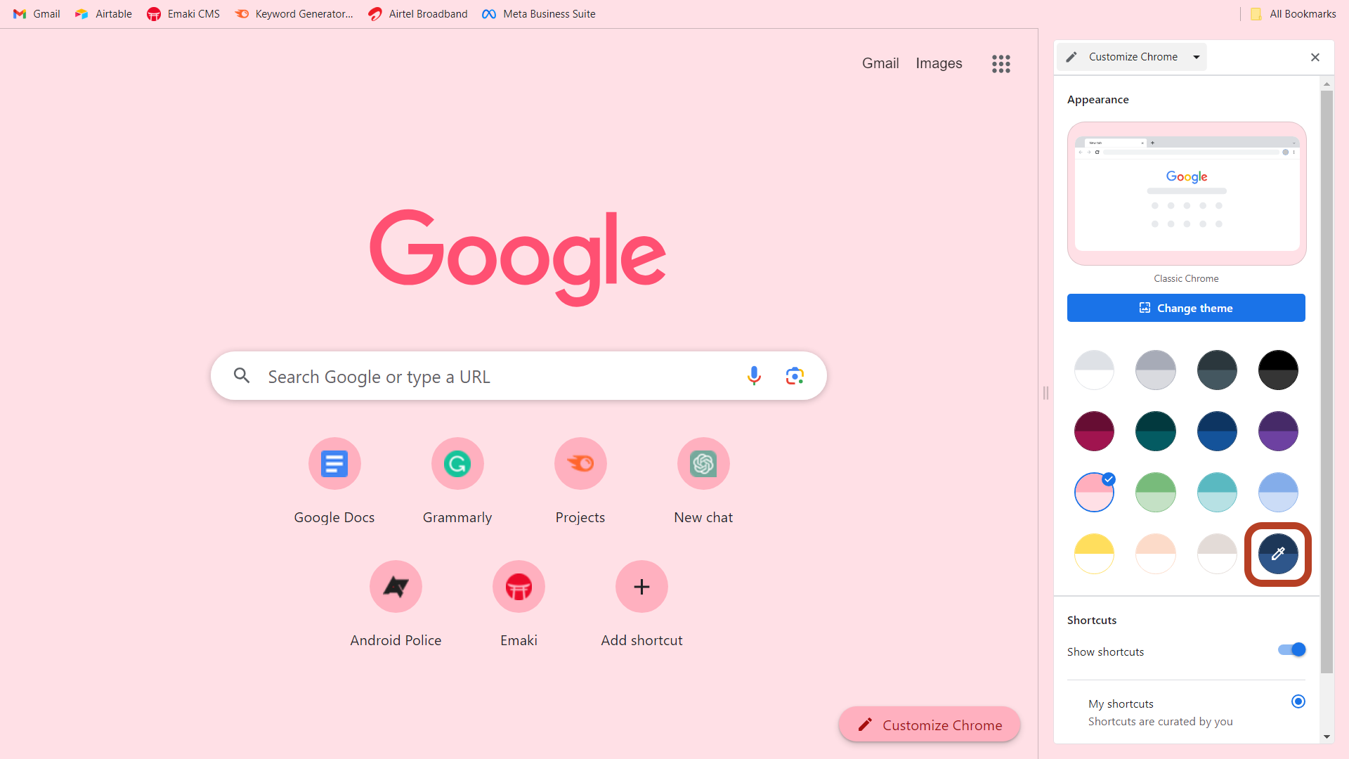 Picking a customised theme color with the color picker