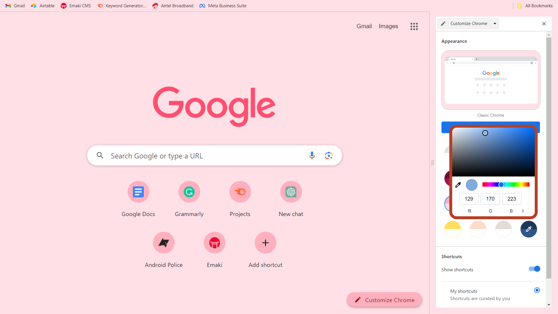 Picking a customised theme color with the color picker