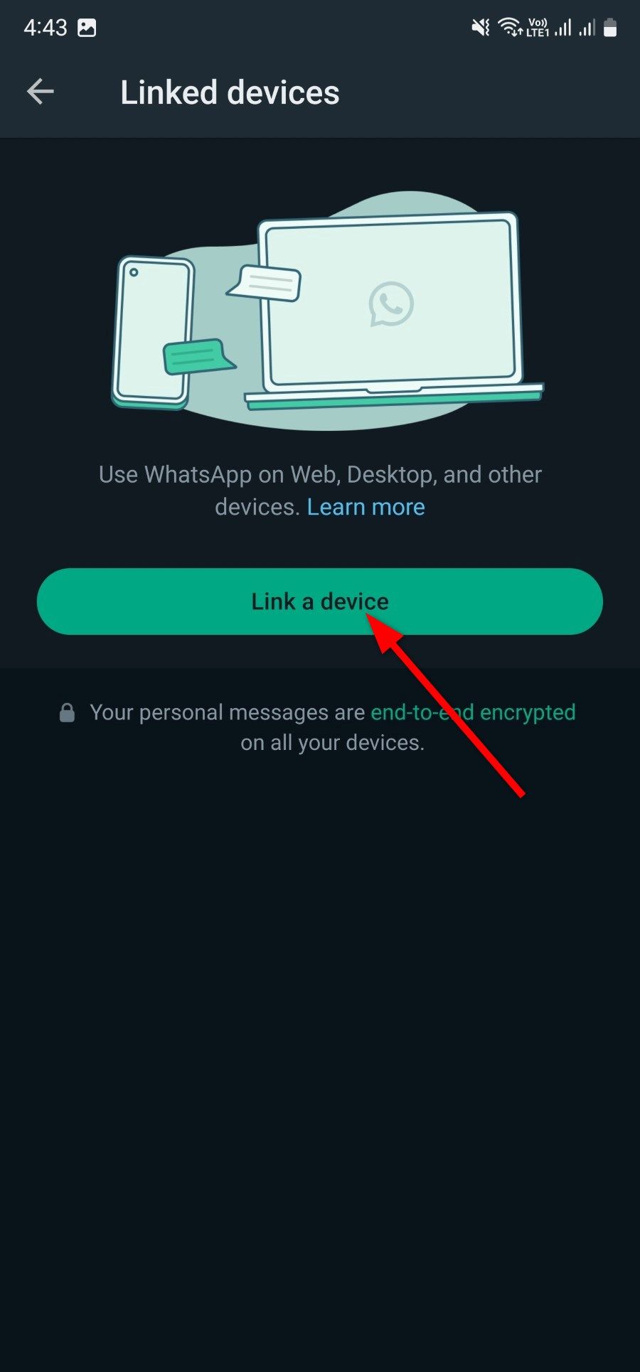 Screenshot showing how to link a device in WhatsApp
