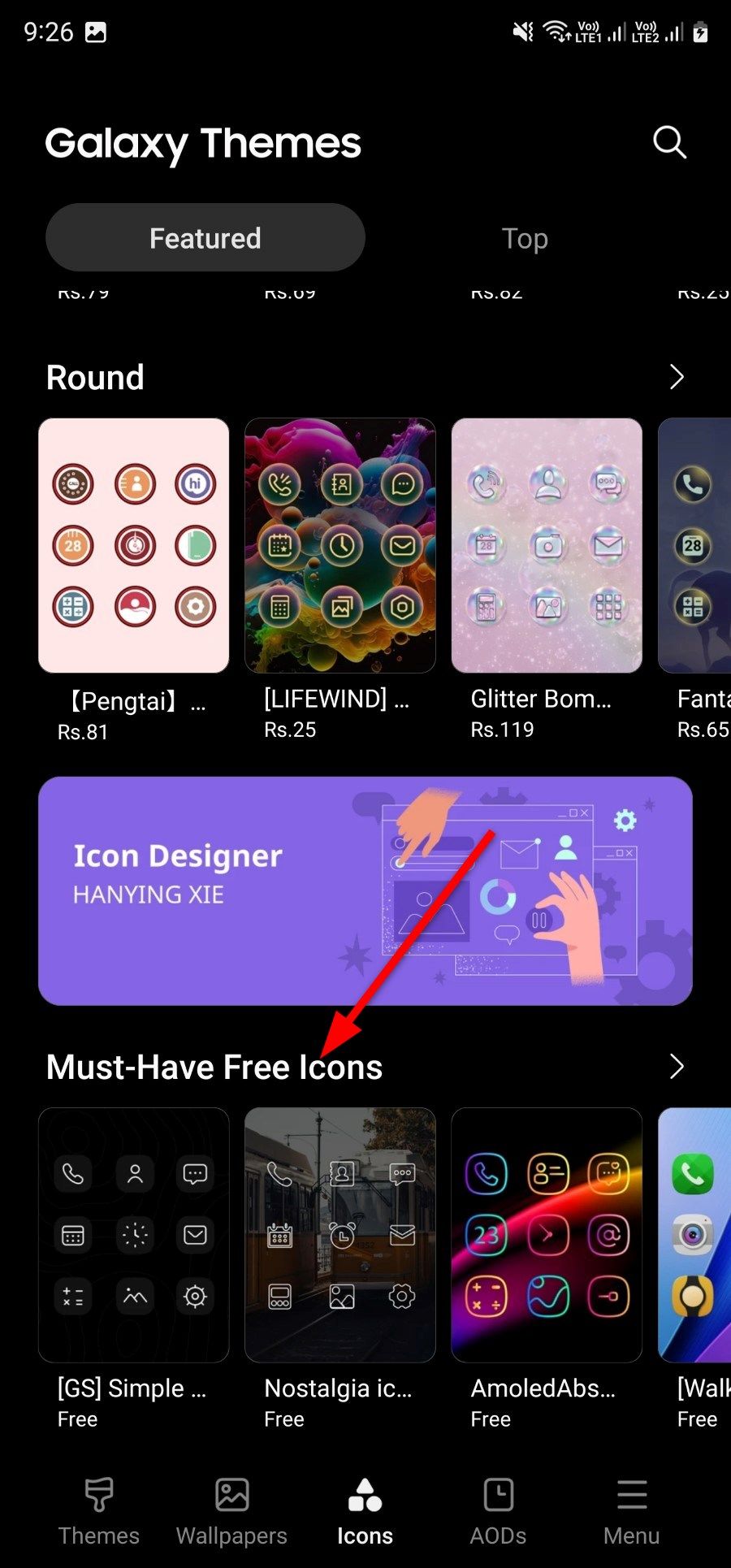 Screenshot showing the free icons section in Galaxy Themes store