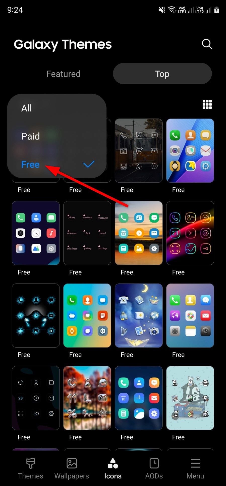 Screenshot showing the free icons selection menu in Galaxy Themes-store