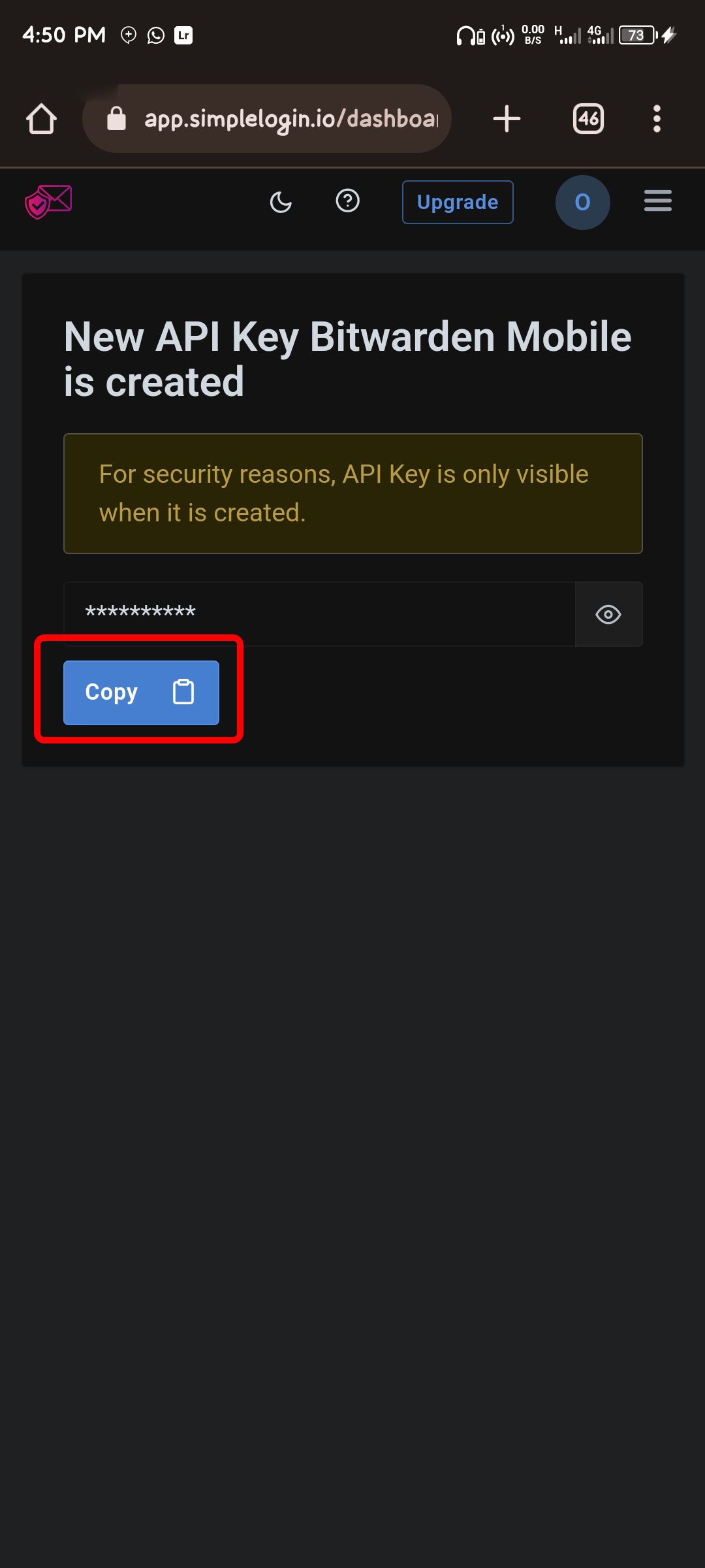 Copie de la nouvelle clé API dans SimpleLogin