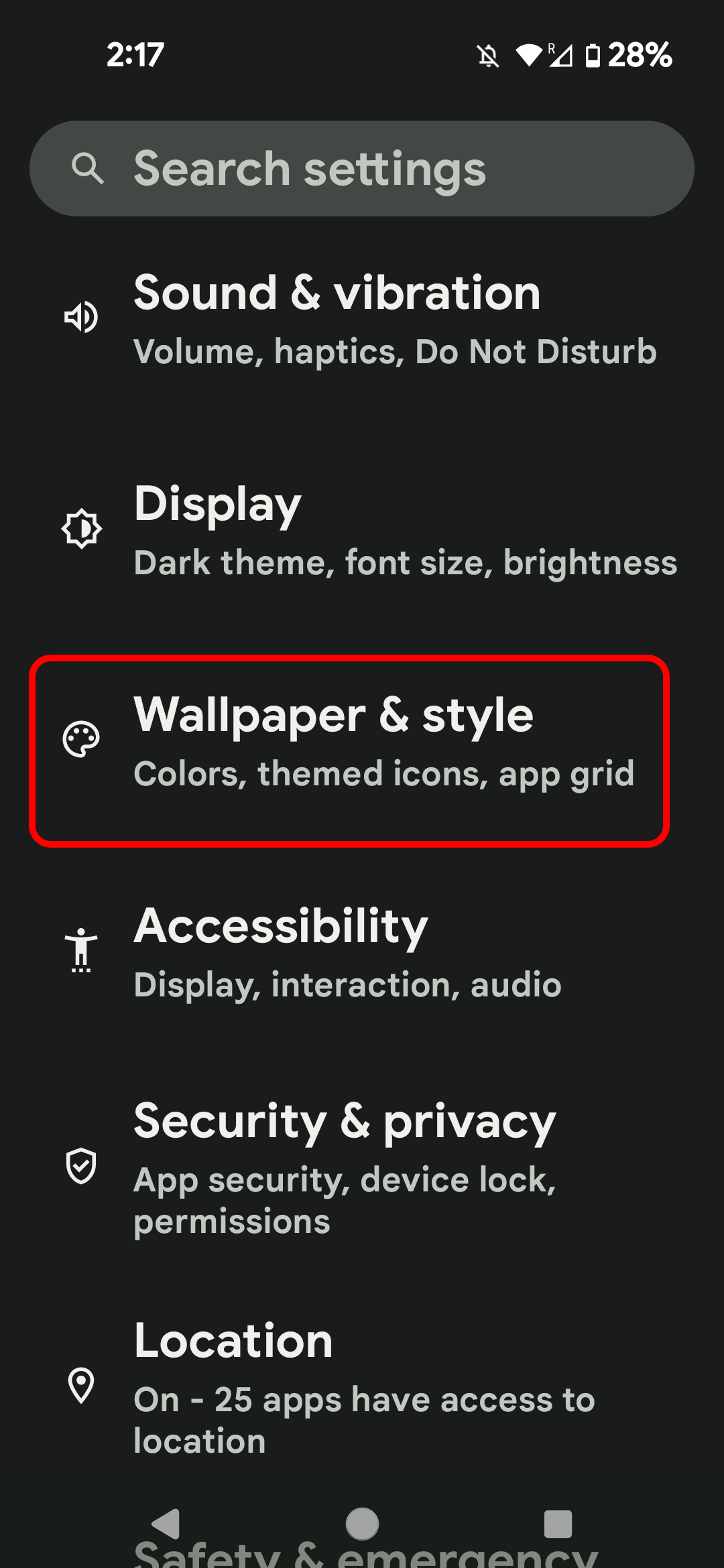 The Google Pixel Settings app with a red box around the Wallpaper & style option