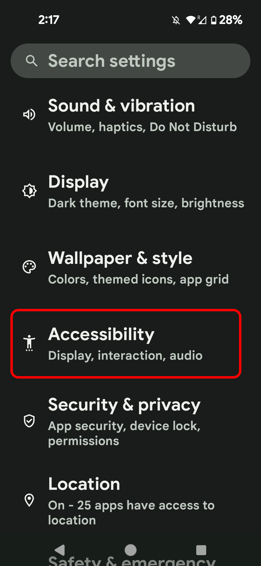 Selecting Accessibility in the Pixel settings app