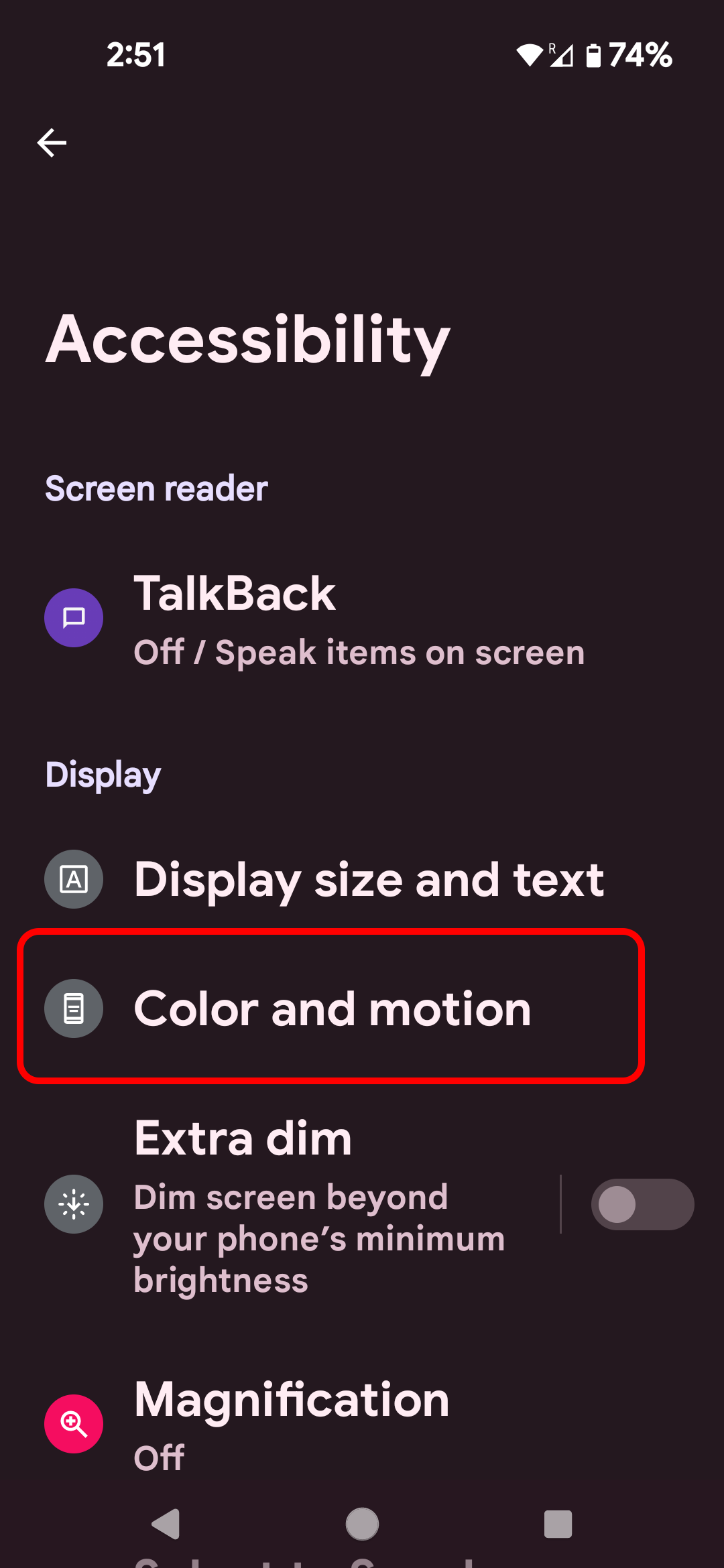 Selecting Color and motion under the Display section