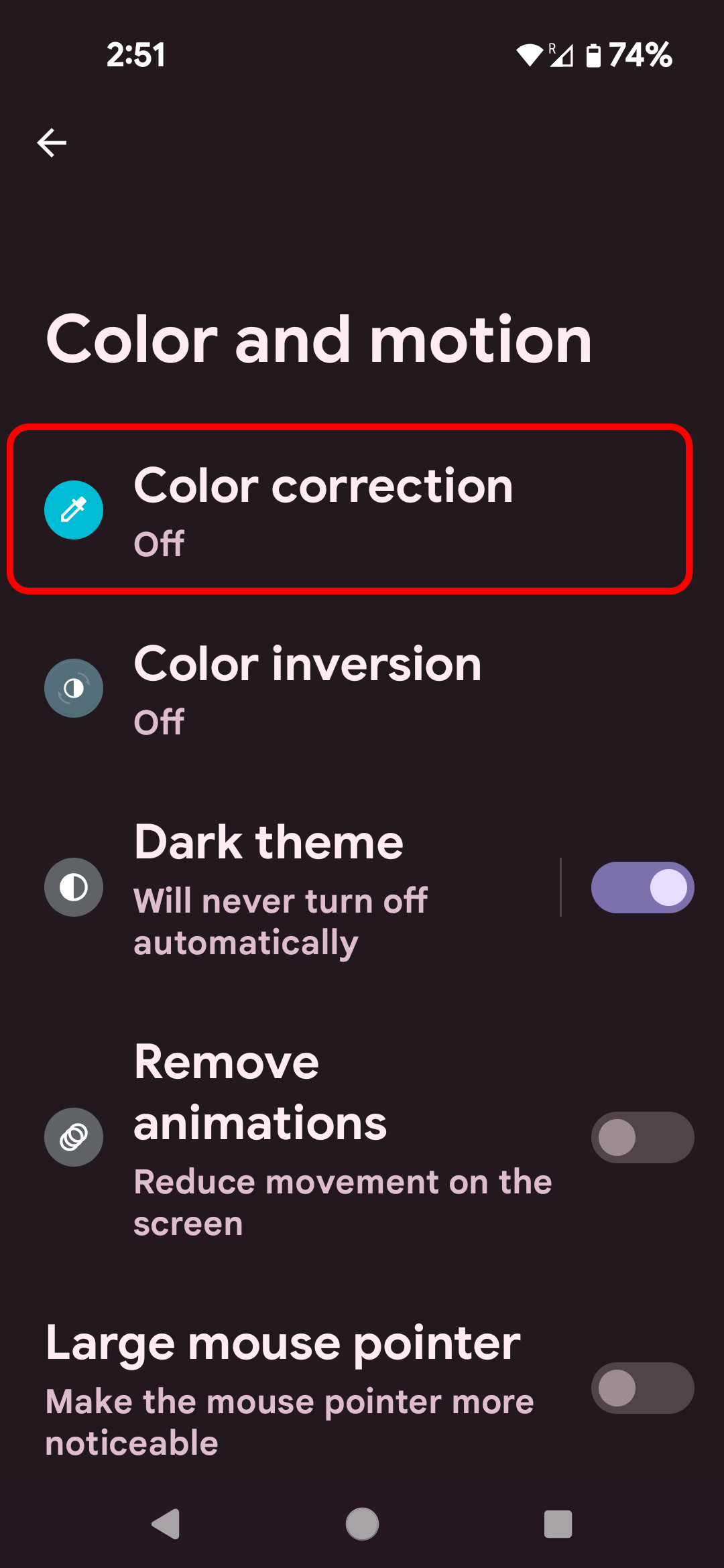 Turning on Color correction on Android