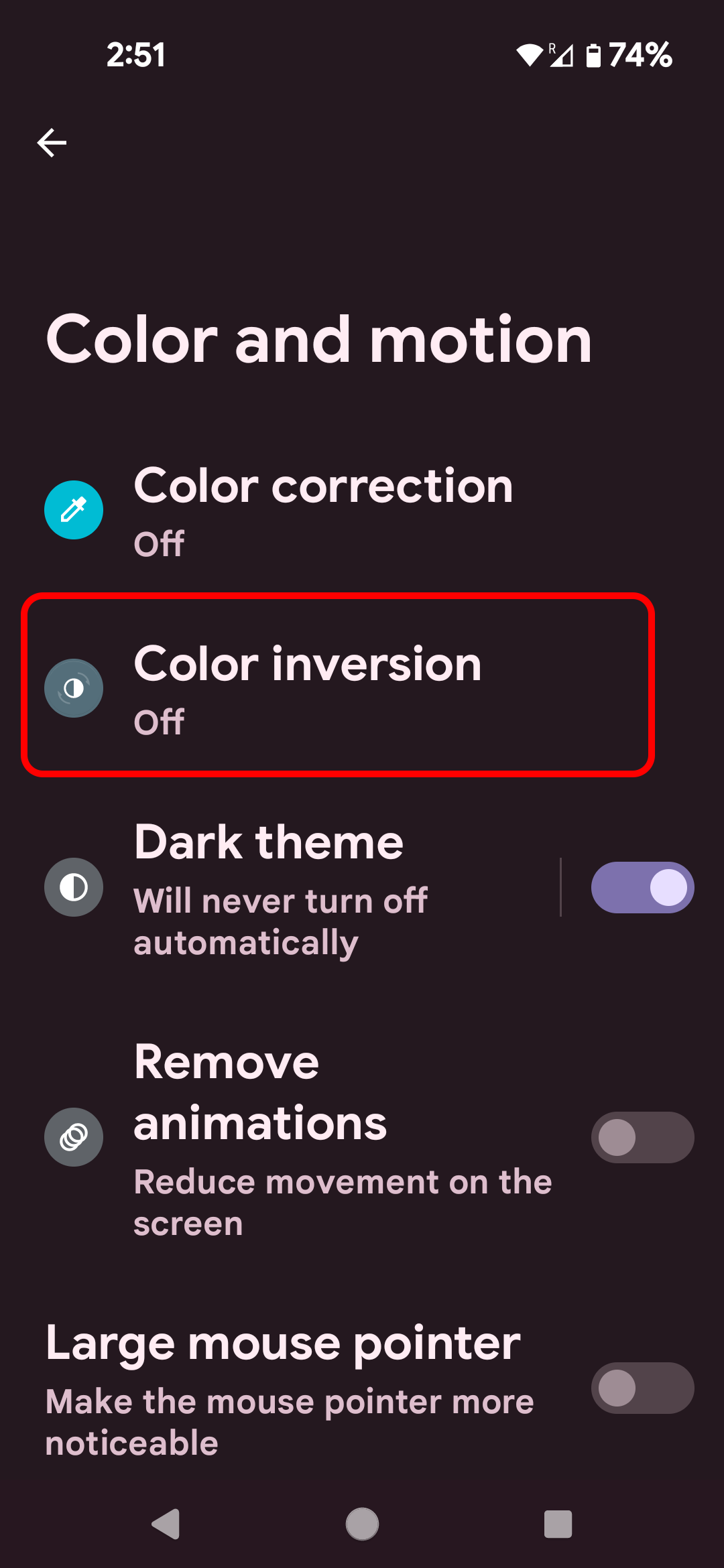 Select Color inversion in the Color and motion settings screen