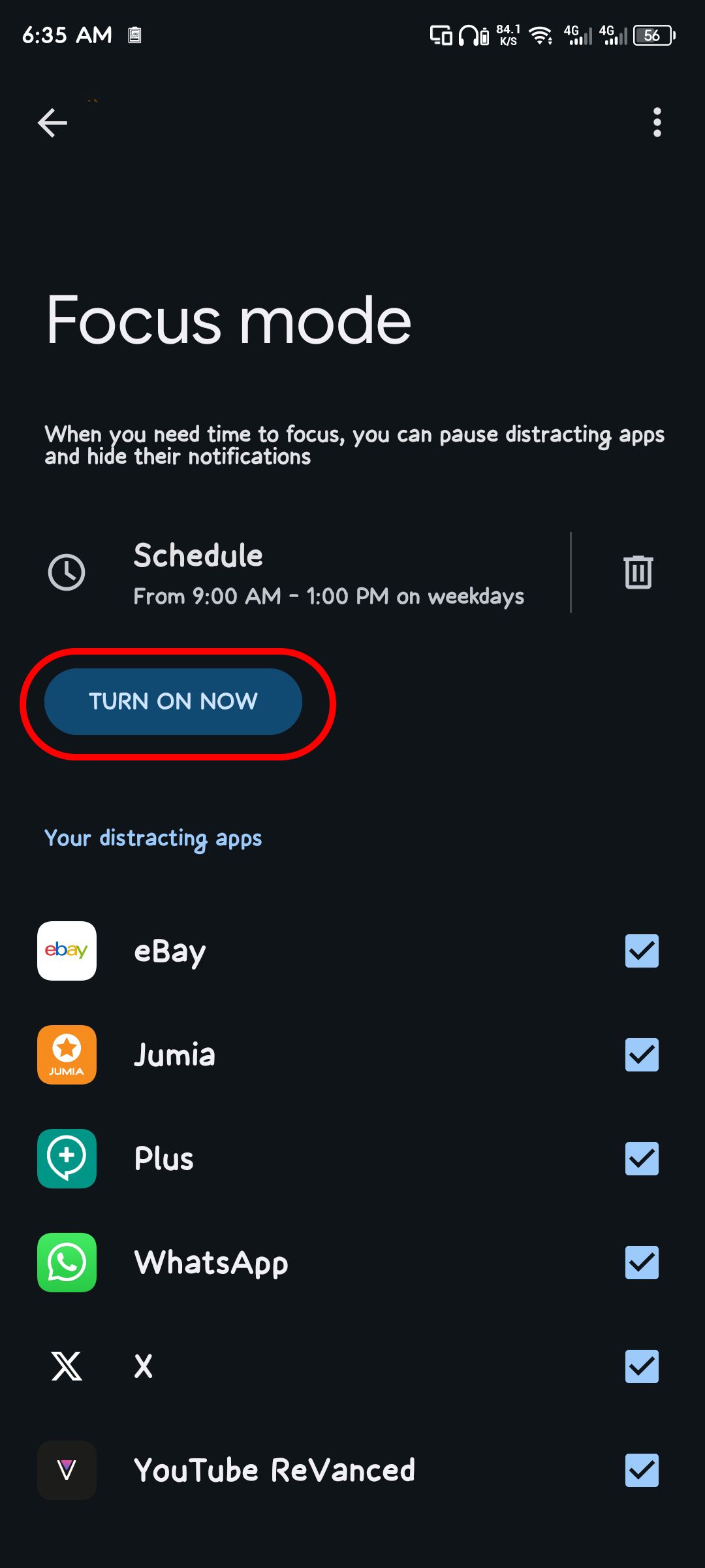 Turning on Focus mode in the Digital Wellbeing app