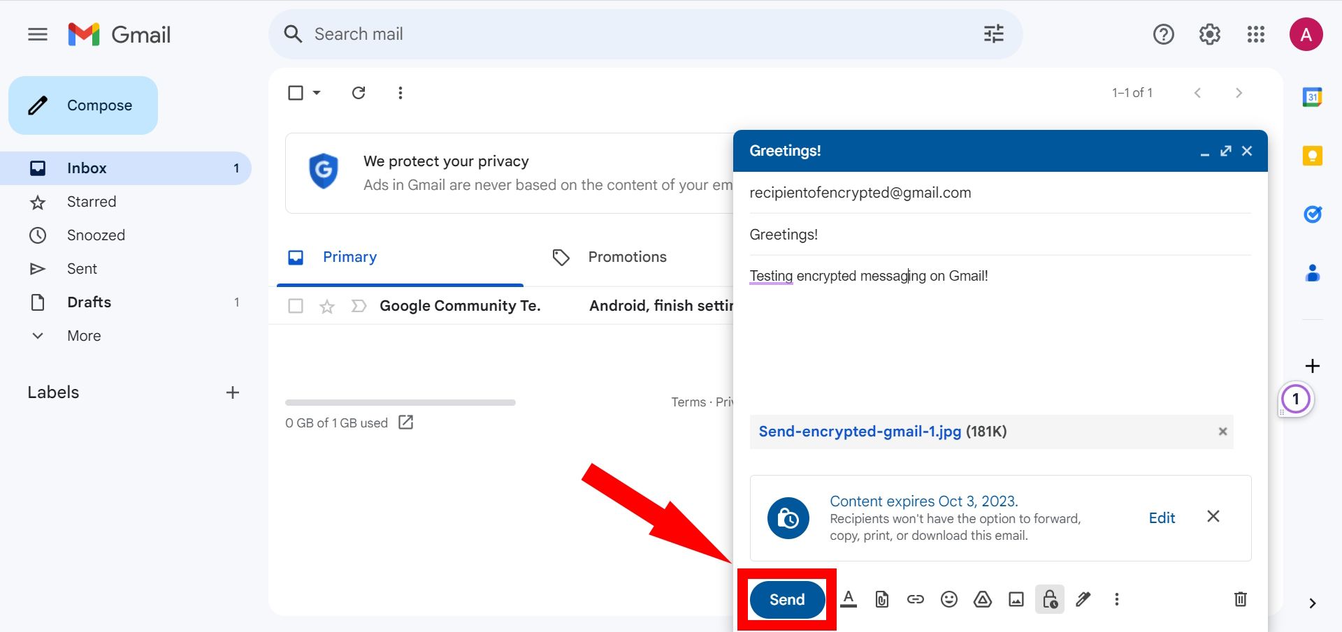 purple arrow pointing to purple rectangle outline over ship button on accumulate message on gmail