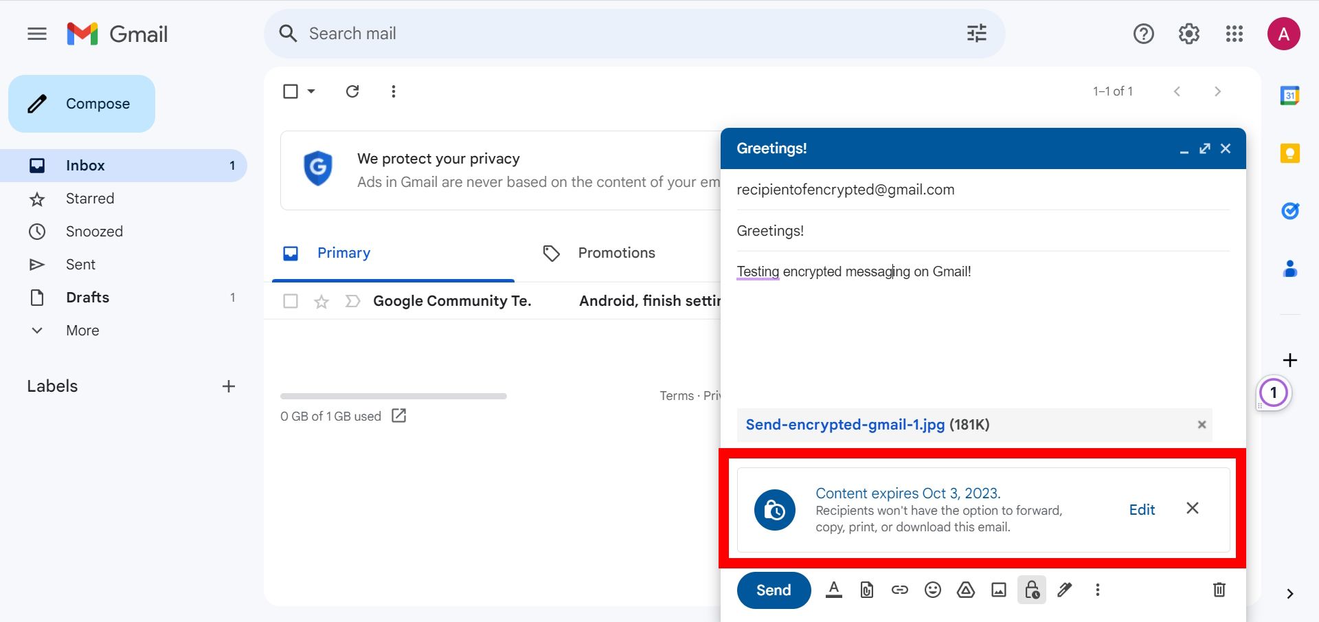 Red rectangle outline over enabled confidential mode in a gmail accumulate