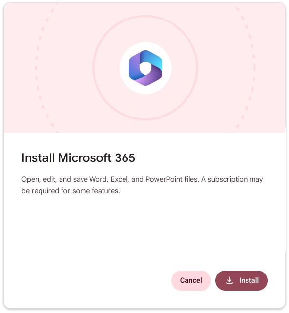 Screenshot of prompt to install Microsoft 365 on ChromeOS